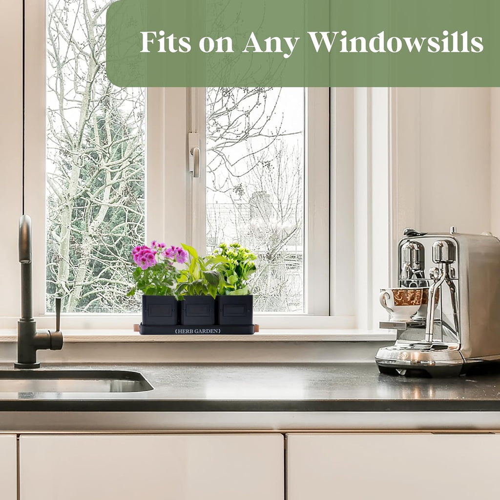 PERFNIQUE Indoor Herb Garden, Herb Planter Set with Tray, Farmhouse Indoor Plant Pots, Windowsill Herb Garden with Drainage(Planter only) for Indoor/Outdoor, Window Pots(Matte Black)