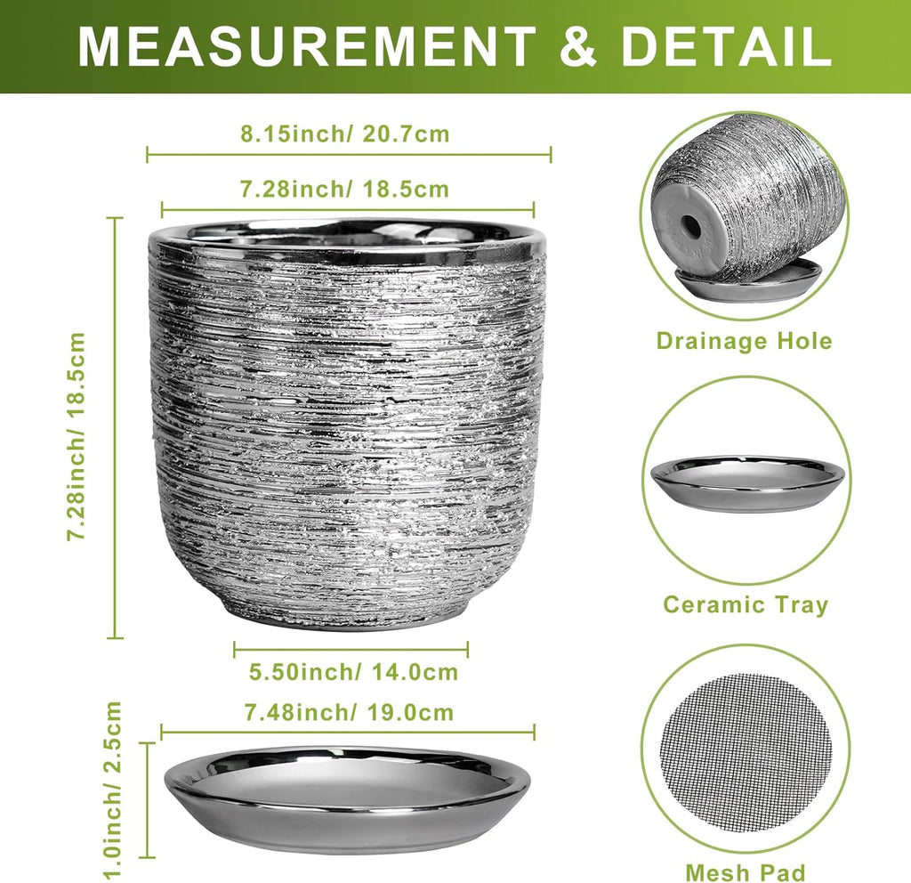 Ceramic Pot for Plants 8 Inch - Ceramic Flower Pot Indoor with Drainage Hole and Saucer, Decorative Round Indoor Planter, Plant Lover Gifts, Patio Home Office House Decor, Silver