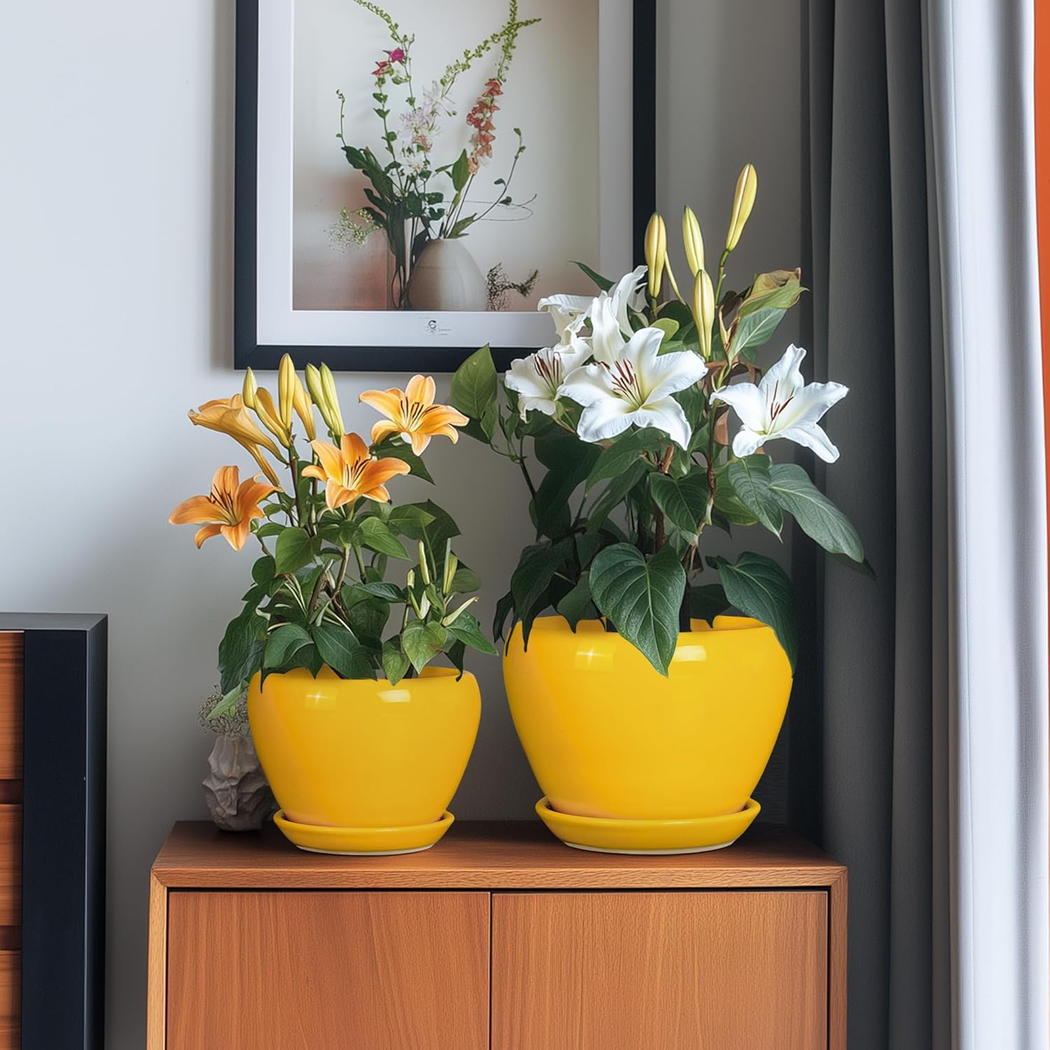 Ceramic Planters Set of 3 - Modern Round 10+8+6 Inch Plant Pots with Drainage Holes and Plant Trays for Indoor Outdoor Flowers, Decorative Garden Room Home Decor, Housewarming Gifts, Yellow