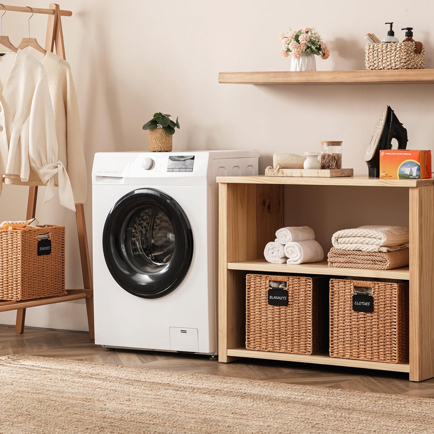 UBBCARE 2 Pack Wicker Basket, 13×13 Storage Cubes with Label, Foldable Cube Storage Bin with Handle, Square Storage Basket for Shelves, Woven Paper Rope Basket for Organizing, Caramel