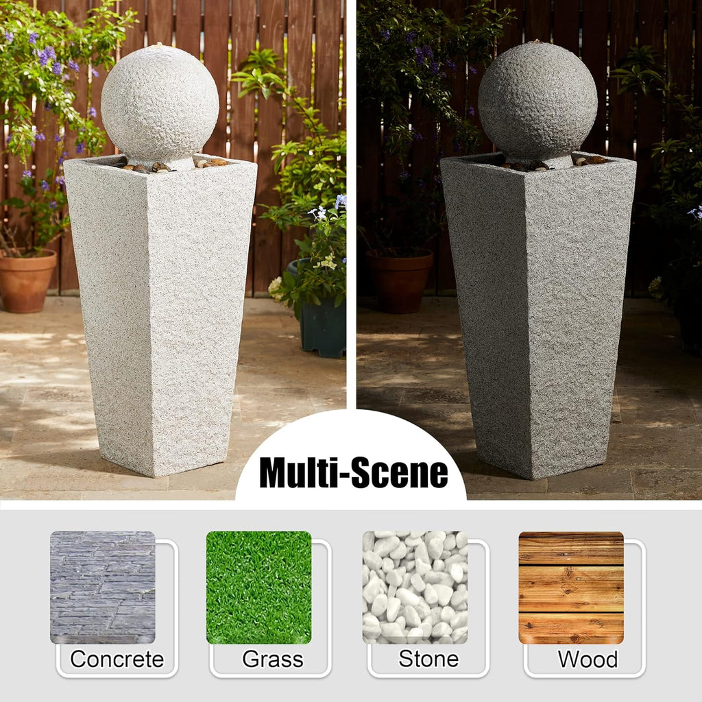 Glitzhome Outdoor Water Fountain with LED Light, Modern Oversized Sphere Pedestal Water Fountain with Submersible Pump, Modern Geometric Outdoor Fountains for Garden Patio Porch, 40.25" H