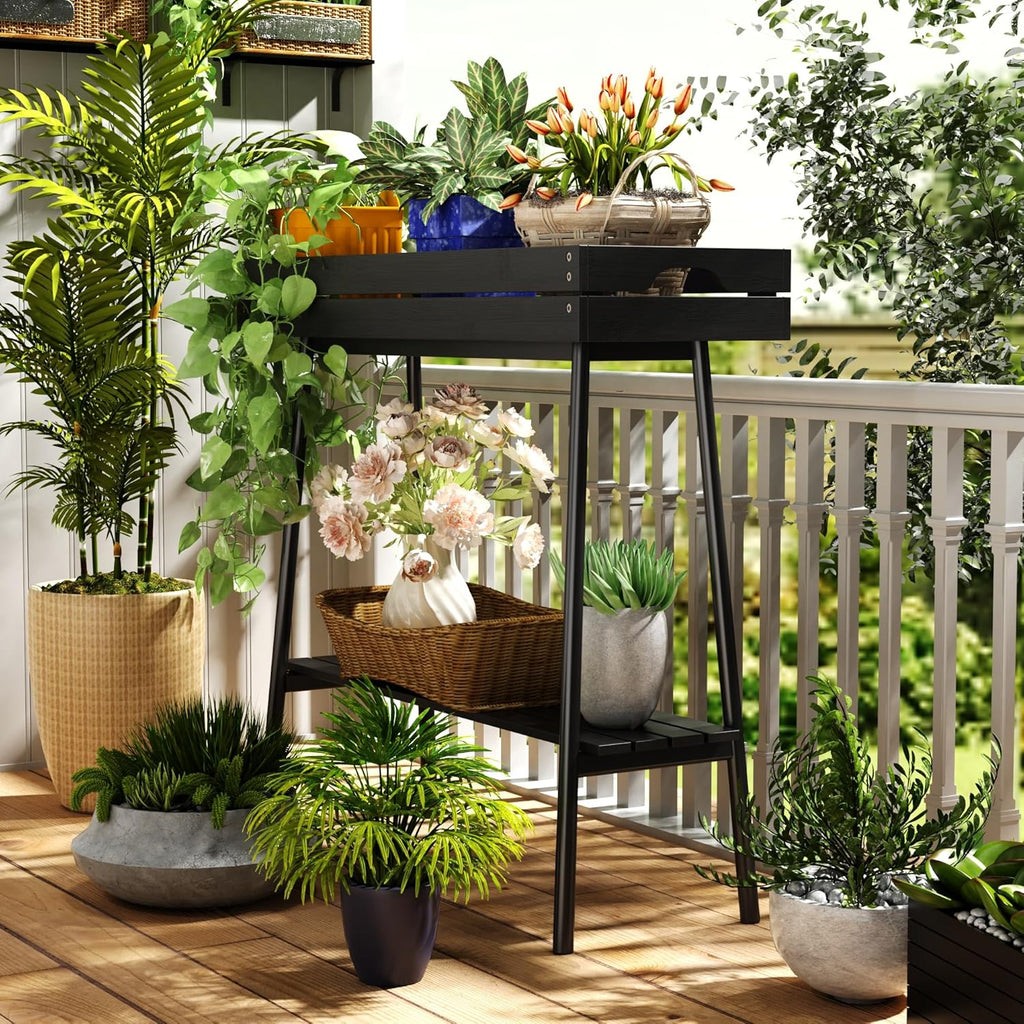 BAMBANG Bamboo Plant Stand Indoor, 2 Tier Small Plant Table, Tall Plant Stand for Indoor Plants, Window Sill Plant Shelf, Flower Pot Holder Plant Bench Plant Rack for Living Room Outdoor, Black