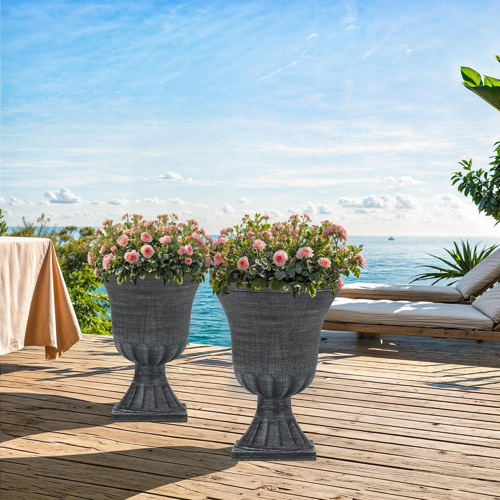 22" Large Urn Planters for Outdoor Plants, Set of 2 Plastic Flower Pot with Handmade Washed Black Finish, Weather-Resistant for Porch, Garden, Patio or Indoor Decor