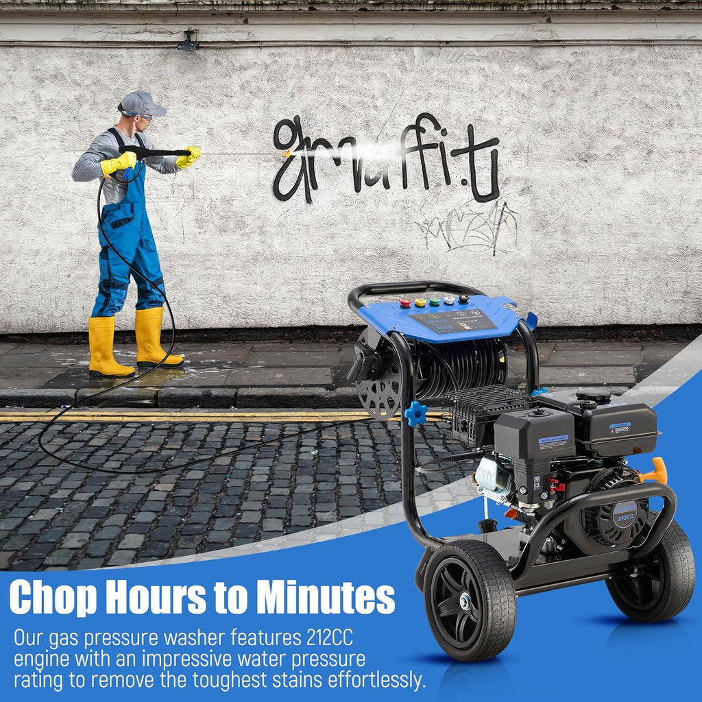 Gas Pressure Washer 3600 PSI, 2.3 GPM Heavy Duty High Power Washer,212CC Engine with 30FT Hose, Axial Aluminum Pump, Soap Tank, Spray Gun and Wand, 5 Quick Connect Nozzle (Blue)