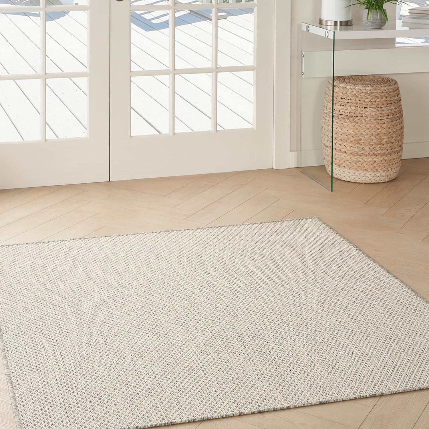 Nourison Home Courtyard Indoor/Outdoor Ivory/Silver 5' x Square Area Rug, Easy Cleaning, Non Shedding, Bed Room, Living Room, Dining Room, Backyard, Deck, Patio (5 Square)