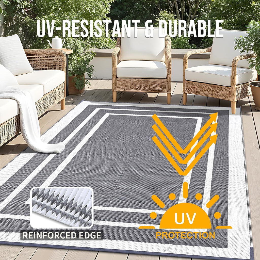 OLANLY Outdoor Rug 9x12 ft Waterproof, Reversible Outdoor Plastic Straw Rug, RV Mat, Indoor Outdoor Carpet Clearance for Patio, Camping, Balcony, Deck, Backyard, Grey & White