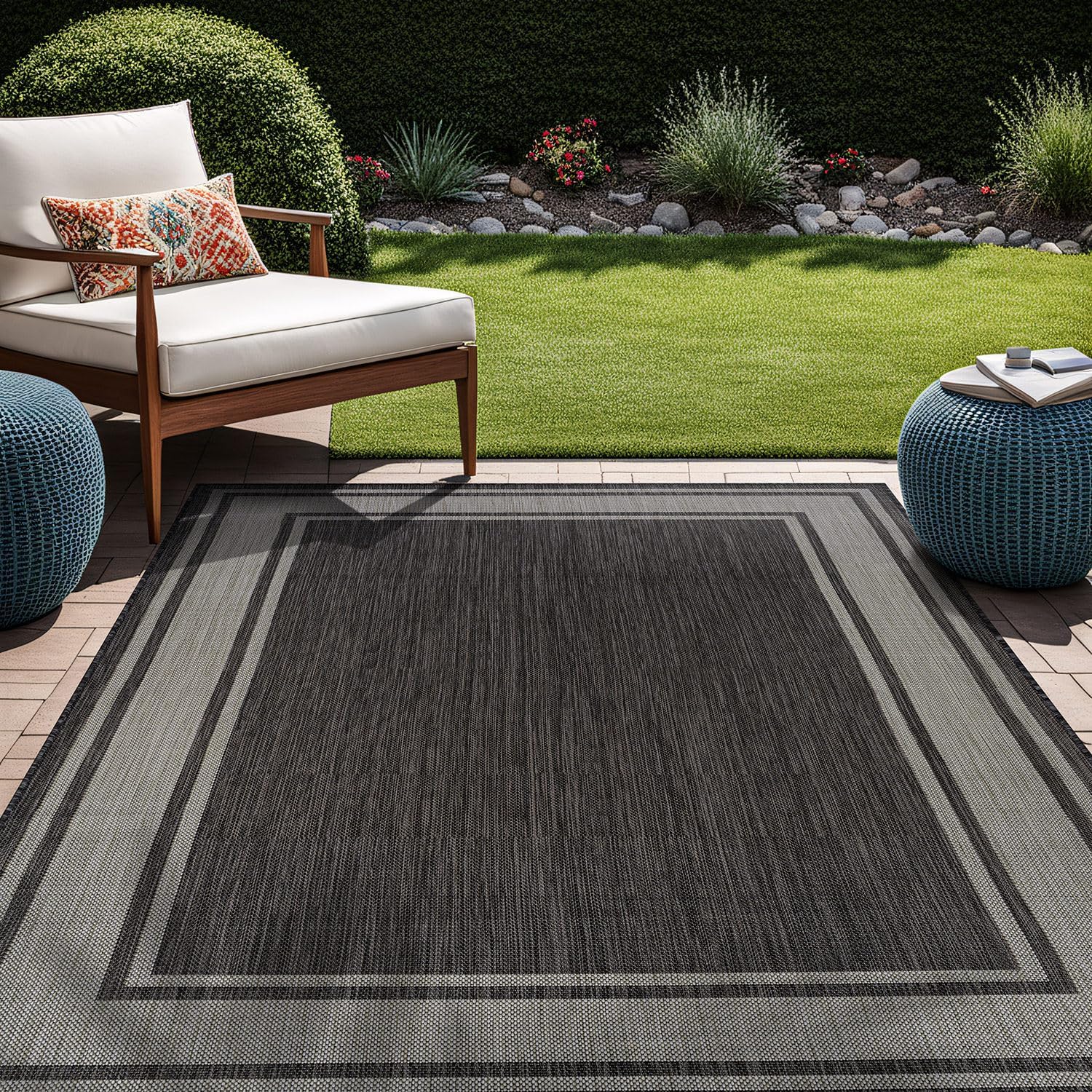 Beverly Rug Large Outdoor Rug 10x14 Modern Bordered Area Rugs for Indoor and Outdoor Patio Deck Porch Garden Waterproof Weather Sun Resistant Washable Outside Carpet (10 x 14 Dark Gray)