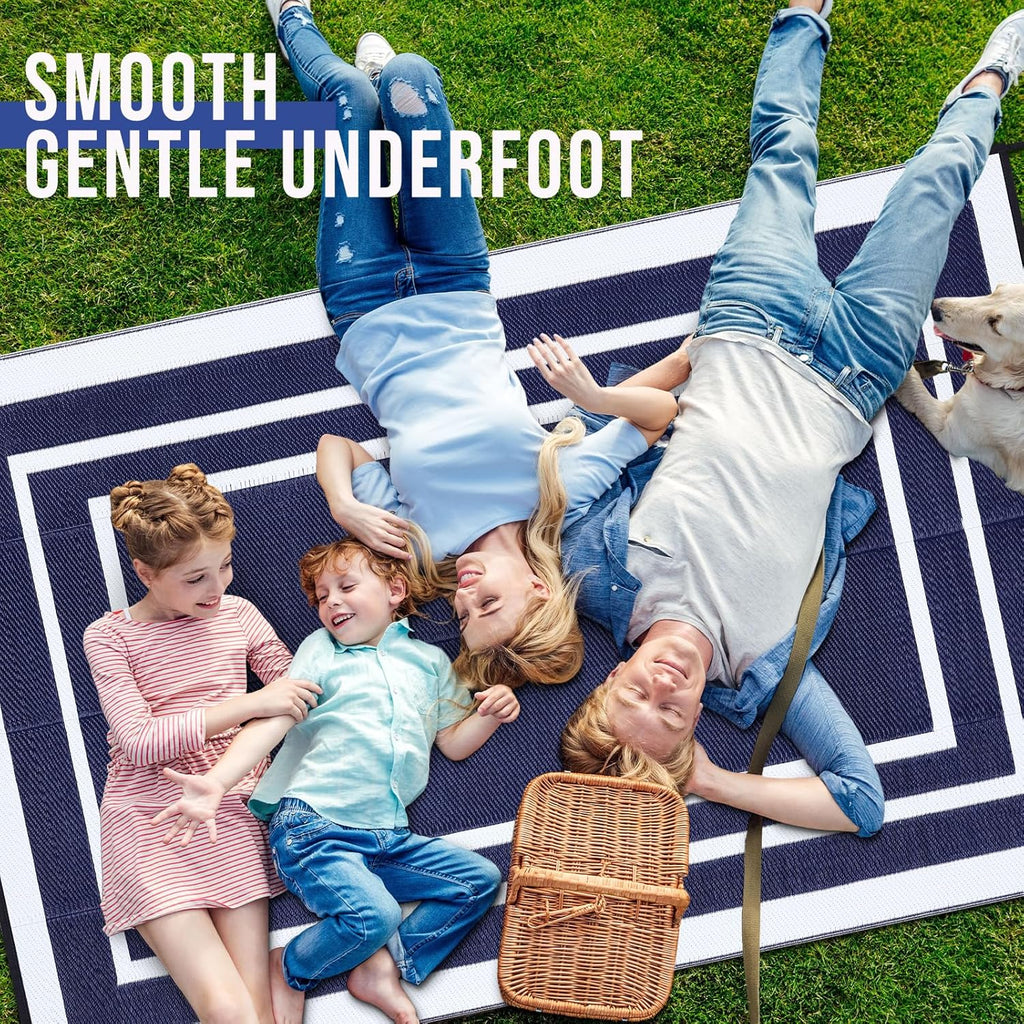 OLANLY Outdoor Rug 8x10 ft Waterproof, Reversible Outdoor Plastic Straw Rug, RV Mat, Indoor Outdoor Carpet Clearance for Patio, Camping, Balcony, Deck, Backyard, Navy & White