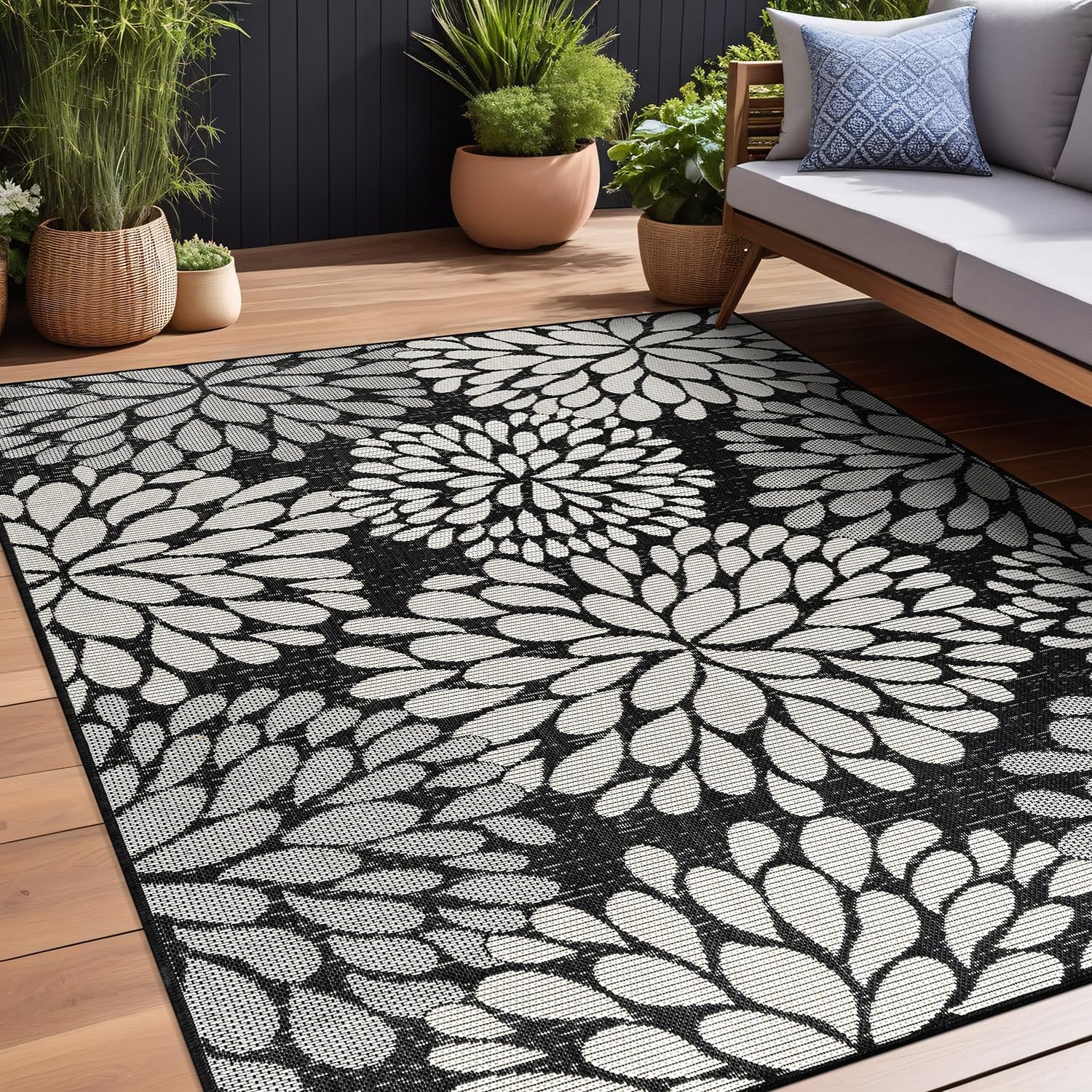 Beverly Rug Outdoor Rug 5x7 Modern Exotic Tropical Leaf Area Rugs for Indoor and Outdoor Patio Deck Porch Garden Water Resistant Washable Outside Carpet (5 x 7 Dark Gray)