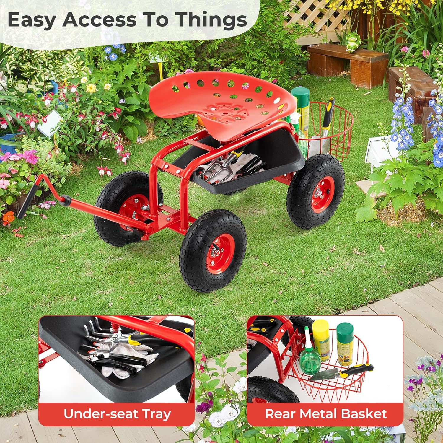Rolling Garden Seat, Garden Stool with Wheels, Extendable Handle, Storage Basket & Tool Tray, Garden Scooter with 360 Degree Swivel Seat for Outdoor, Garden & Yard (Red)