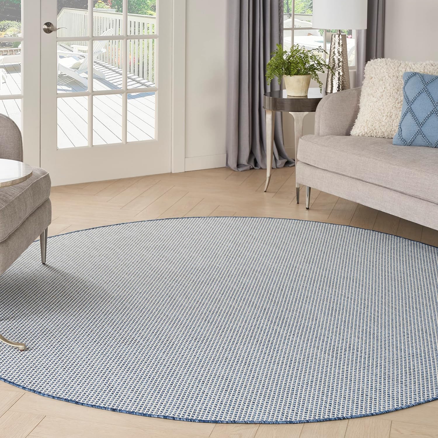 Nourison Home Courtyard 8' x Round Ivory Blue Fabric Modern Area Rug (8' Round)