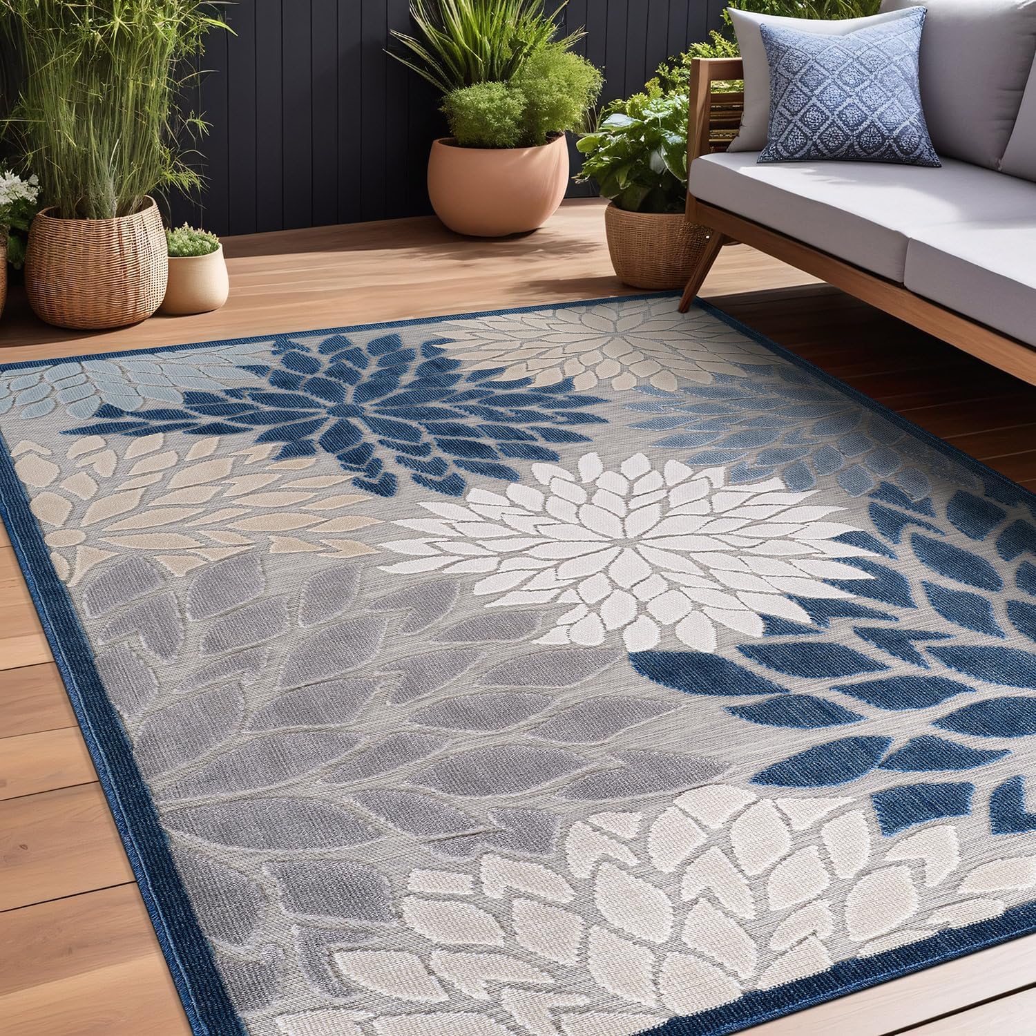 Beverly Rug Outdoor Rug 10x14 Large Modern Floral Tropical Area Rugs for Indoor and Outdoor Patio Easy to Clean Non Shedding Living Room Porch Garden Washable Outside Carpet (10 x 14 Blue)