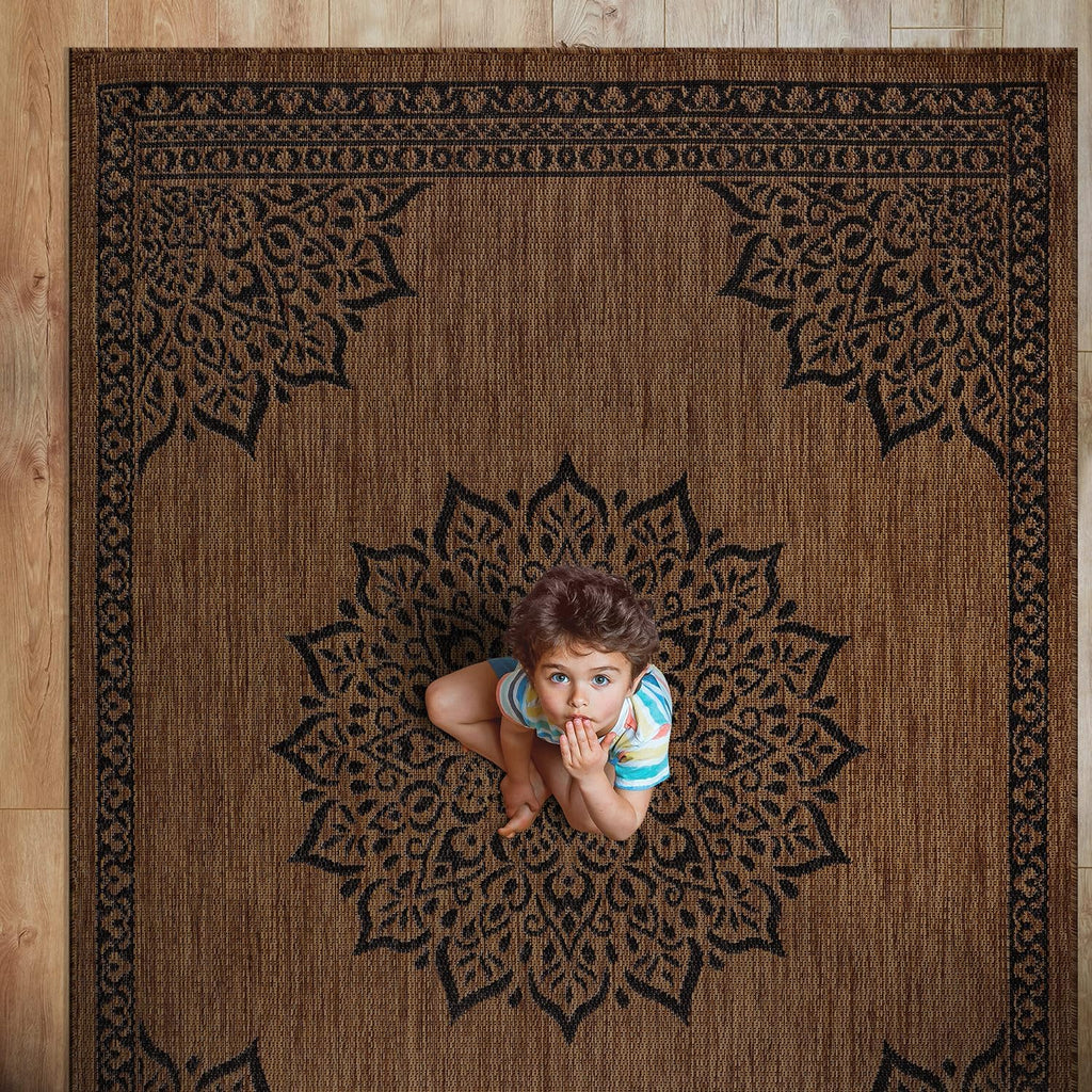 CAMILSON Outdoor Rug, 10x14 Medallion Nut Brown Black Modern Area Rugs for Large Indoor and Outdoor Patios, Kitchen and Hallway Mats, Washable Porch Deck Outside Carpet (Nut Brown Black, 10 x 14)