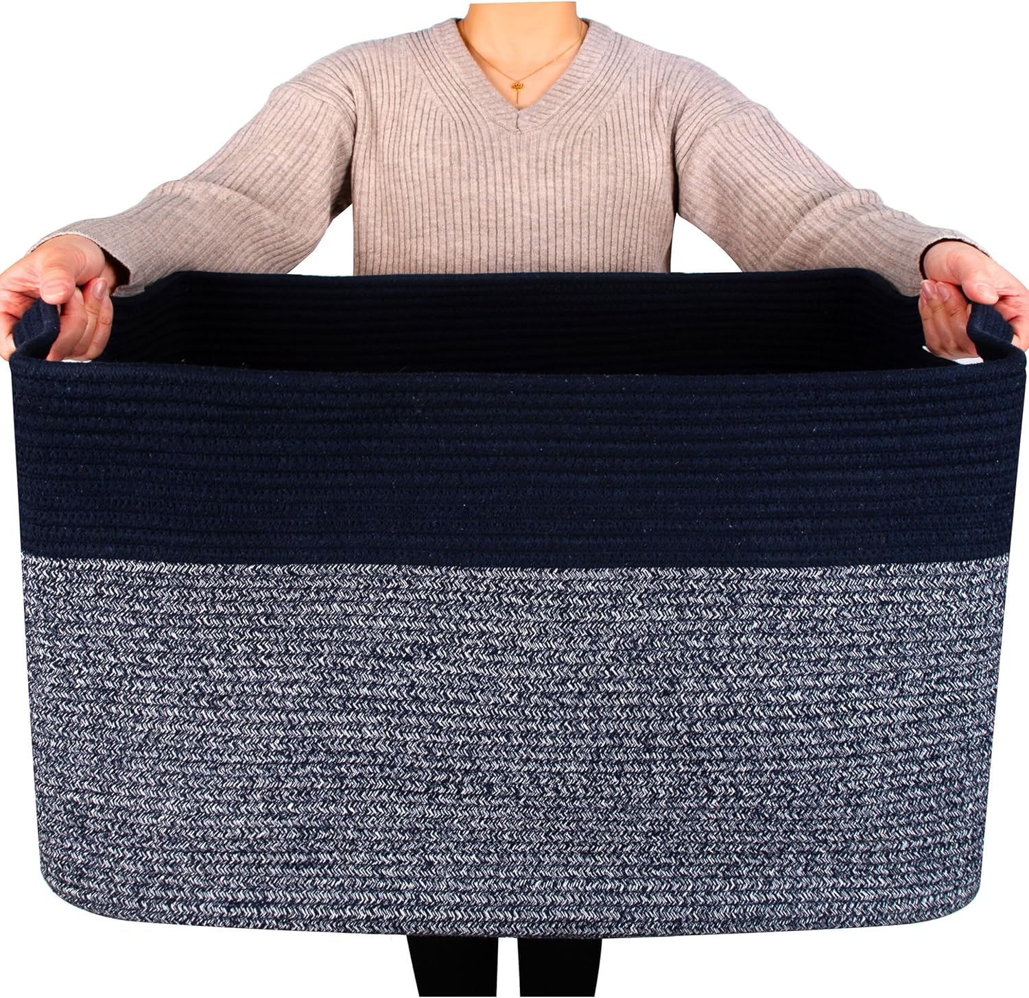 MINTWOOD Design 22in Extra Large Blanket Basket Holder for Living Room, Rectangle Rope Woven Storage Bin with Handles for Laundry, Pool Towels, and Shoes, Dog Toy Box Organizer, Navy Blue