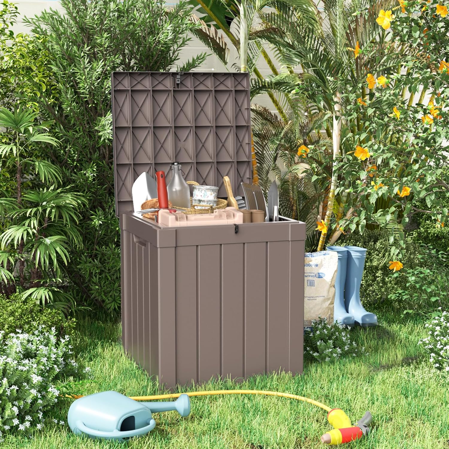 40 Gallon Resin Deck Box, Lockable Patio Outdoor Storage Box for Furniture, Garden Tools and Tools Storage, Waterproof Outside Storage Boxes - Grey