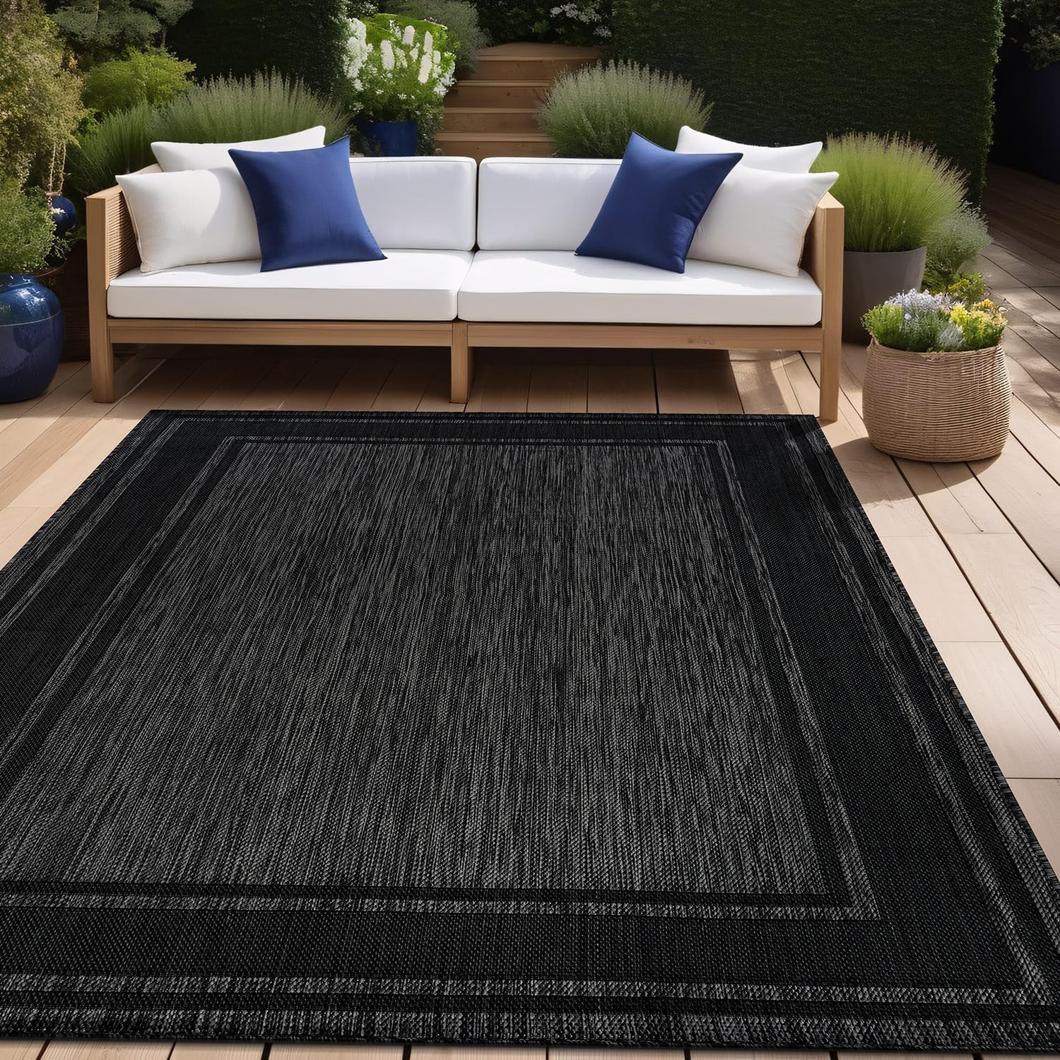Beverly Rug Large Outdoor Rug 9x12 Modern Bordered Area Rugs for Indoor and Outdoor Patio Deck Porch Garden Waterproof Weather Sun Resistant Washable Outside Carpet (9 x 12 Black)