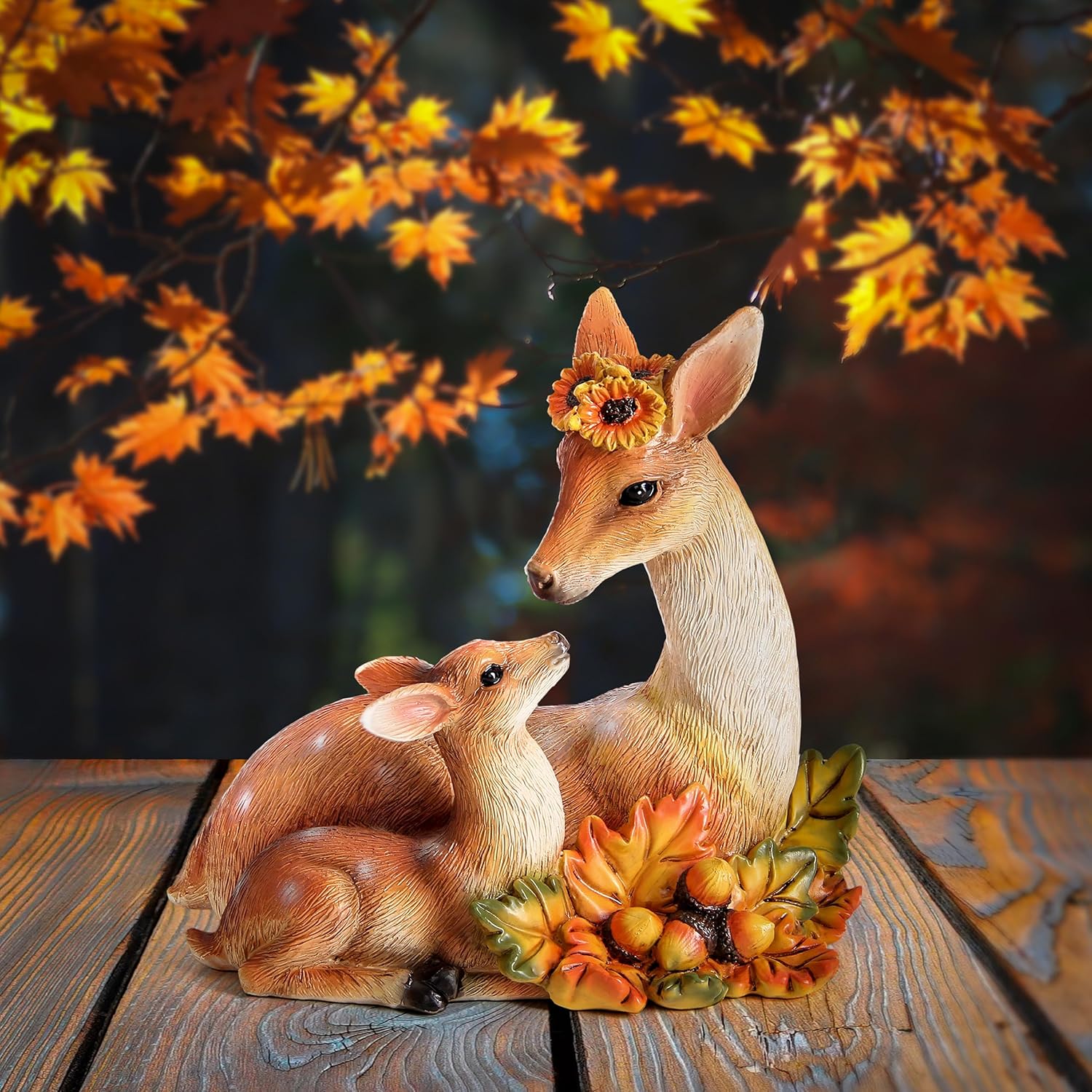 Garden Deer Statue Fall Animals Decor Resin Harvest Mother and Baby Deer Acorn with Maple Leaves Figurines Autumn Thanksgiving Indoor Outdoor Decorations Patio Yard Lawn Ornaments