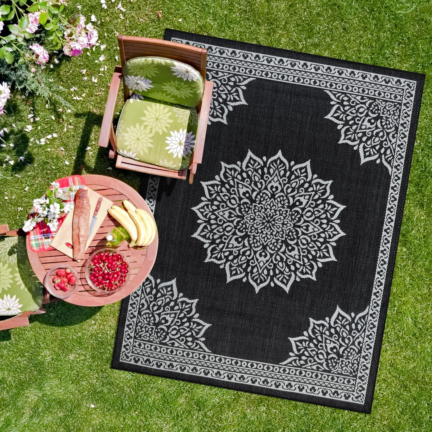 CAMILSON Outdoor Rug, 8x10 Medallion Black White Modern Area Rugs for Indoor and Outdoor Patios, Kitchen and Hallway Mats, Washable Porch Deck Outside Carpet (Medallion Black, 8 x 10)