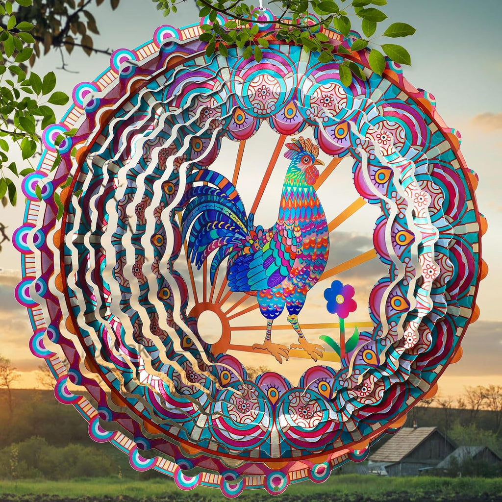 Rooster Wind Spinner - 3D Kinetic Chicken Wind Spinners | 12-Inch Rustproof Metal Hanging Sculpture, Outdoor Garden & Patio Decor, Unique Gifts for Dad, Mom, Men, Women