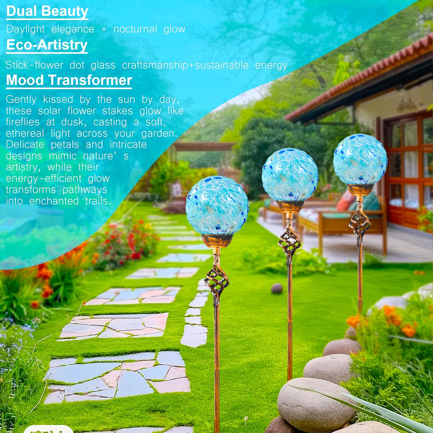 Garden Solar Lights, Decorative LED Honeycomb Glass Ball Garden Stake, Glass and Metal Outdoor Decoration, 4 x 31 Inch (Light Blue)