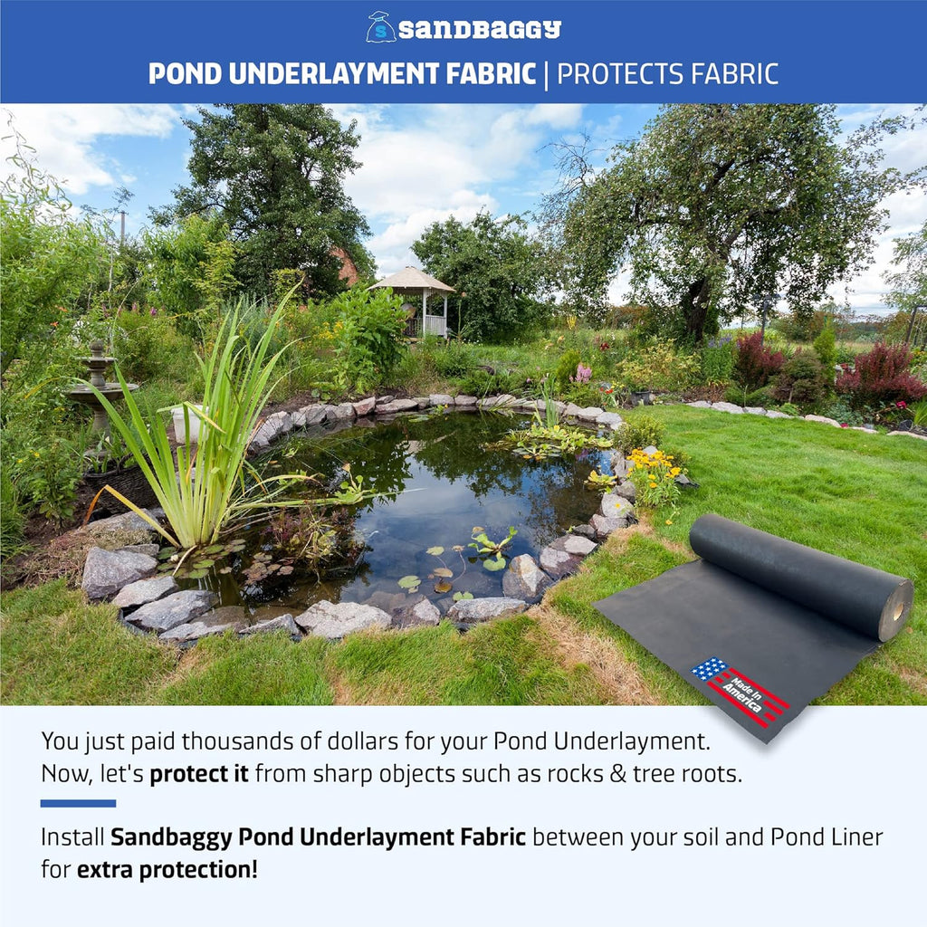 Sandbaggy Geotextile Pond Underlayment Padding | Made in USA | 50 YEAR Life* | Non Woven Fabric Protects Pond Liner From Damage | Made of Industrial Grade DOT Approved Fabric (10 ft x 15 ft or 150 sq ft)