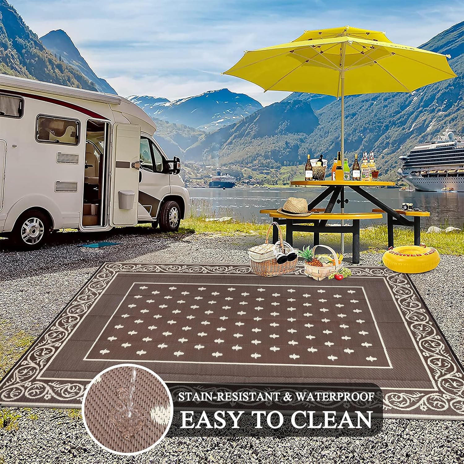 Pauwer Waterproof Outdoor Rug 10x14, Reversible Plastic Straw Patio Camping Rug, Indoor Outdoor RV Mat Carpet for Deck, Camper, Porch, Balcony, Backyard, Picnic, Bordered Brown