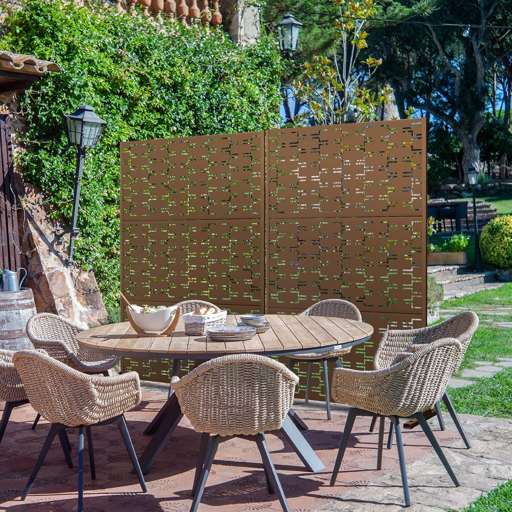 Metal Privacy Screen Outdoor 72" H×47" W,Freestanding Decorative Privacy Screen for Balcony Yard&Garden,Privacy Fence-Brown&Brick