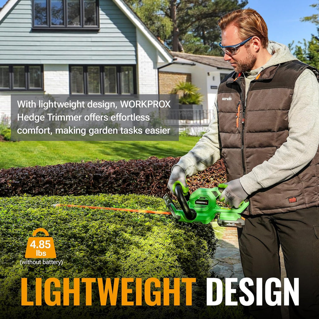 WORKPROX 20V Cordless Hedge Trimmer, Electric Bush Shrub Trimmer, 22" Dual-Action Blade and 3/4" Cutting Capacity with Safety Lock, Great for Garden, Yard, 2.0Ah Battery & Charging Cable Included