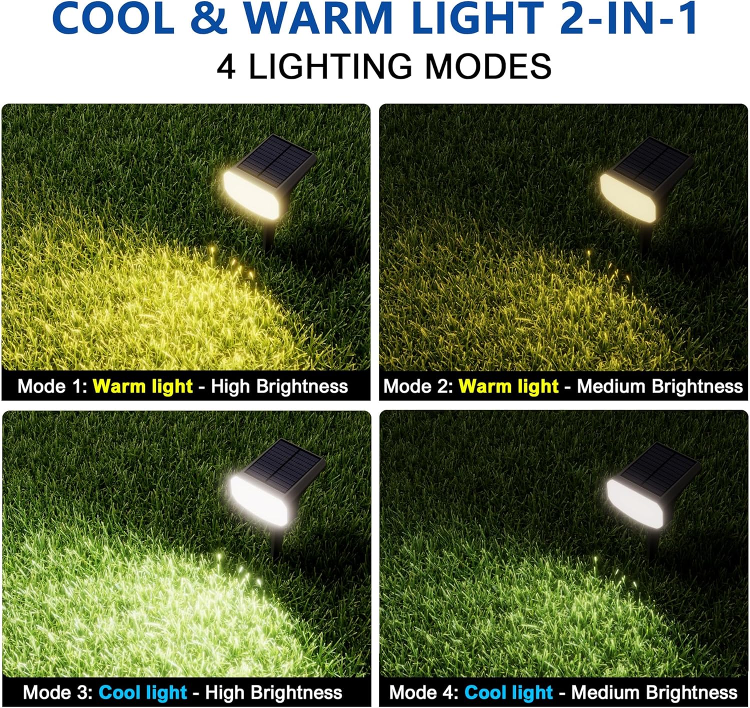 Solar Lights Outdoor Waterproof IP65, Super Bright LED, 2CCT 4 Lighting Modes 3000K/6500K Selectable, Solar Powered Yard Garden Solar Spot Lights for Outside Landscape Auto On/Off -2 Pack