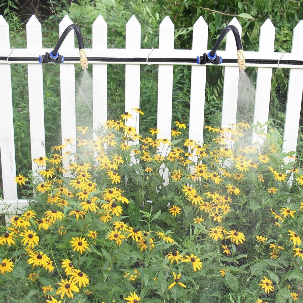 Mornajina 5Packs Brass Misting Nozzles Tee with 8inch Built in Hose for Outdoor Cooling System, Adjustable 360° Rotation, Water Mister Nozzles Thread Sprayer 0.043" (1.1 mm)