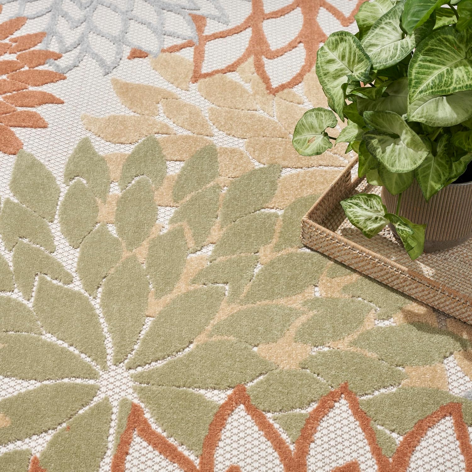 Nourison Home Aloha Indoor-Outdoor Ivory Multicolor 7'10" x 10'6" Area Rug, Easy Cleaning, Non Shedding, Bed Room, Living Room, Dining Room, Backyard, Deck, Patio (8x11)