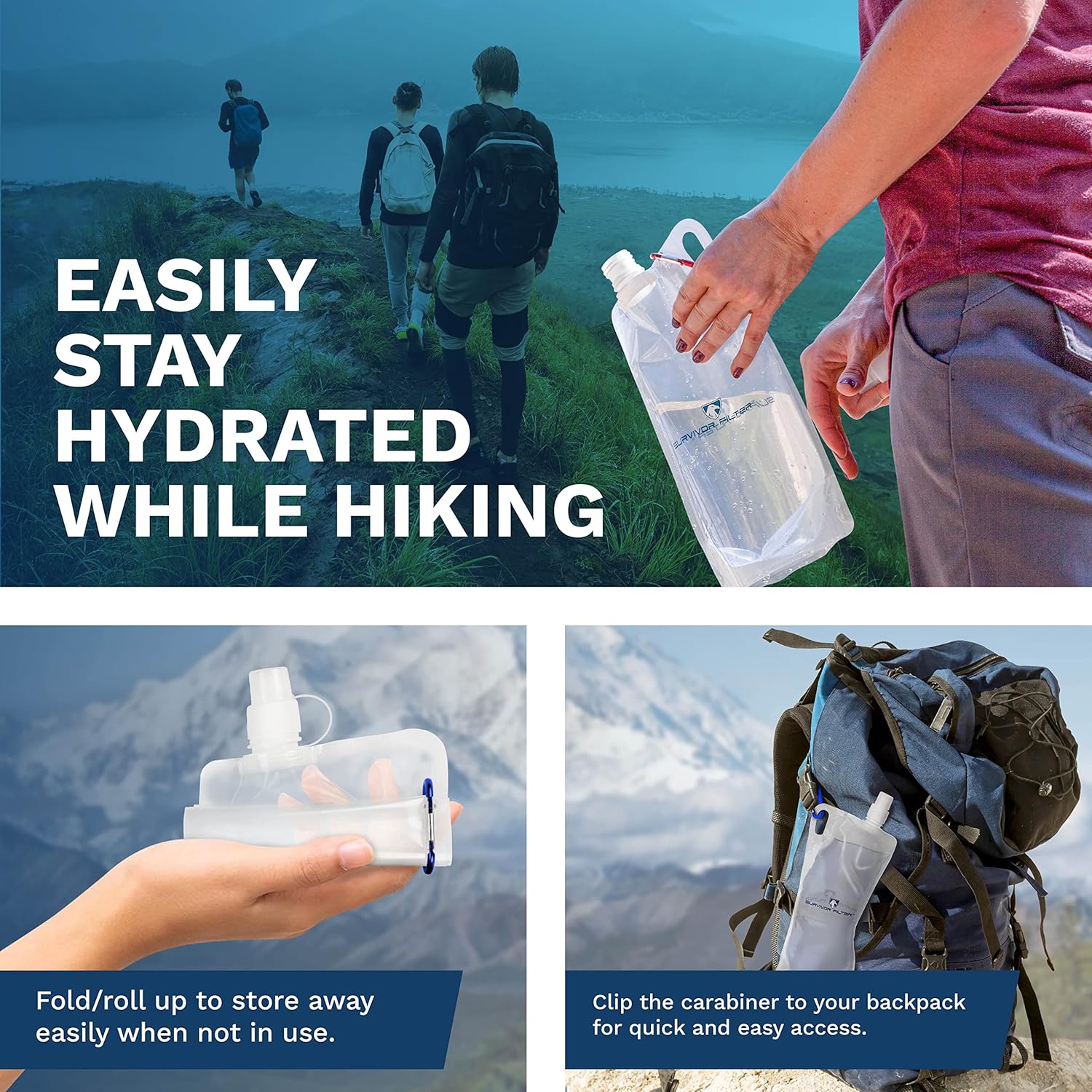 Survivor Filter Collapsible Water Bottles, Canteens (32oz) 2 Pack (2L Total) - Durable Carabiners and Handles. Squeeze Water through a Filter or Use as Water Bottles