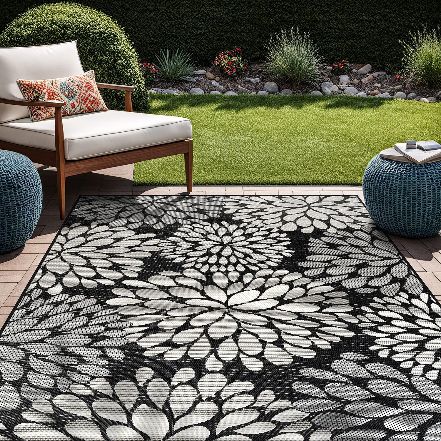 Beverly Rug Outdoor Rug 8x10 Modern Exotic Tropical Leaf Area Rugs for Indoor and Outdoor Patio Deck Porch Garden Water Resistant Washable Outside Carpet (8 x 10 Dark Gray)