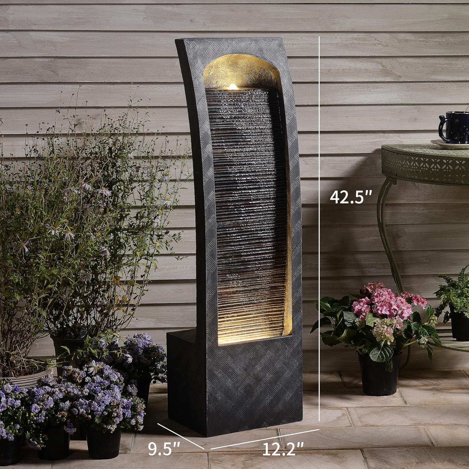 Indoor Water Fountain Curved Faux Slate Outdoor Waterfall Fountains Floor Standing Tiered Rock with LED Lights and Pump for Garden, Backyard, Deck, Patio, Porch and Home Art Decor