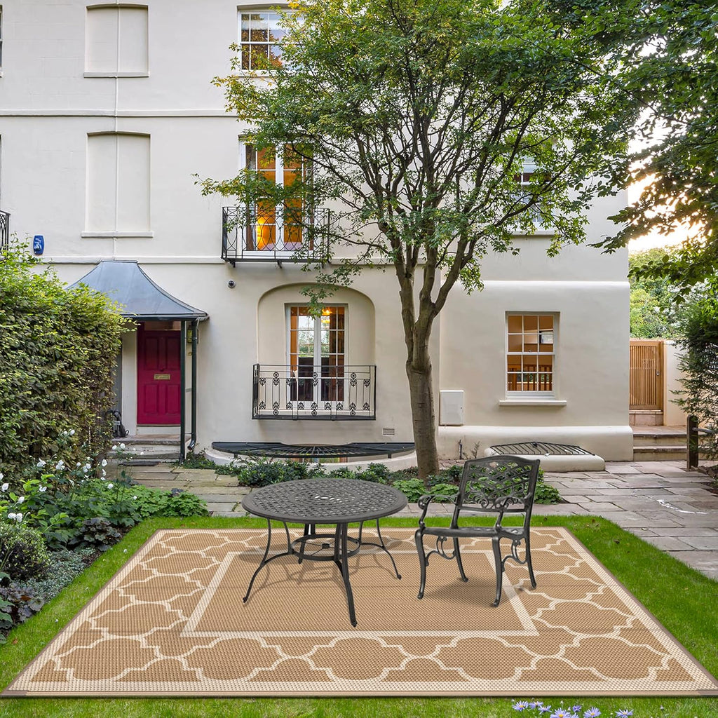 GENIMO 6' x 9' Outdoor Rug Waterproof for Patio Decor, Foldable Reversible Plastic Straw Area Rugs Mat for Camper, Outside Carpet for Rv, Deck, Porch, Picnic, Beach, Balcony, Brown & Beige