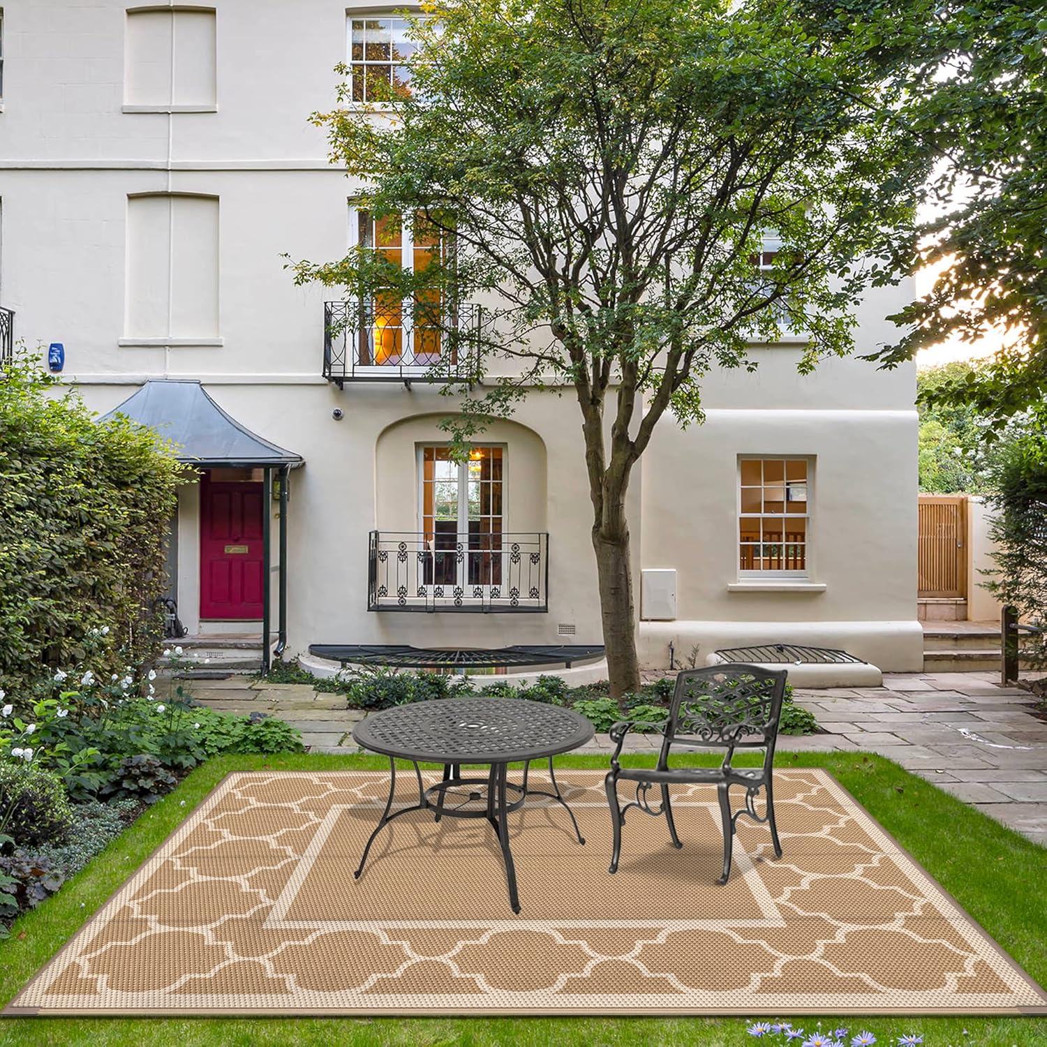 GENIMO 6' x 9' Outdoor Rug Waterproof for Patio Decor, Foldable Reversible Plastic Straw Area Rugs Mat for Camper, Outside Carpet for Rv, Deck, Porch, Picnic, Beach, Balcony, Brown & Beige