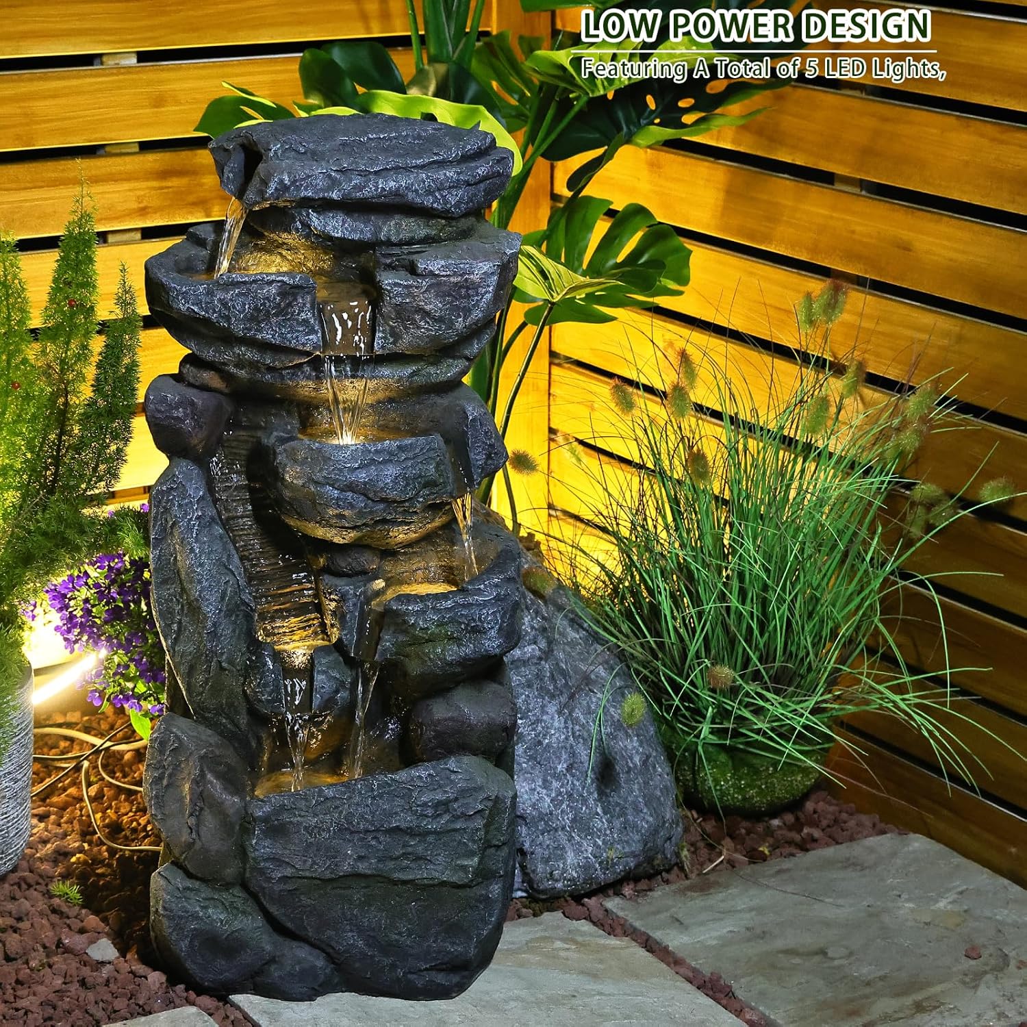 Water Features Outdoor Patio 6-Tier Cascading Rock Water Fountain 31.5''Water Fall Fountain Outside Resin Fountain with Light Mossy Rock Floor Garden Fountain Indoor for Relaxation Home Decor