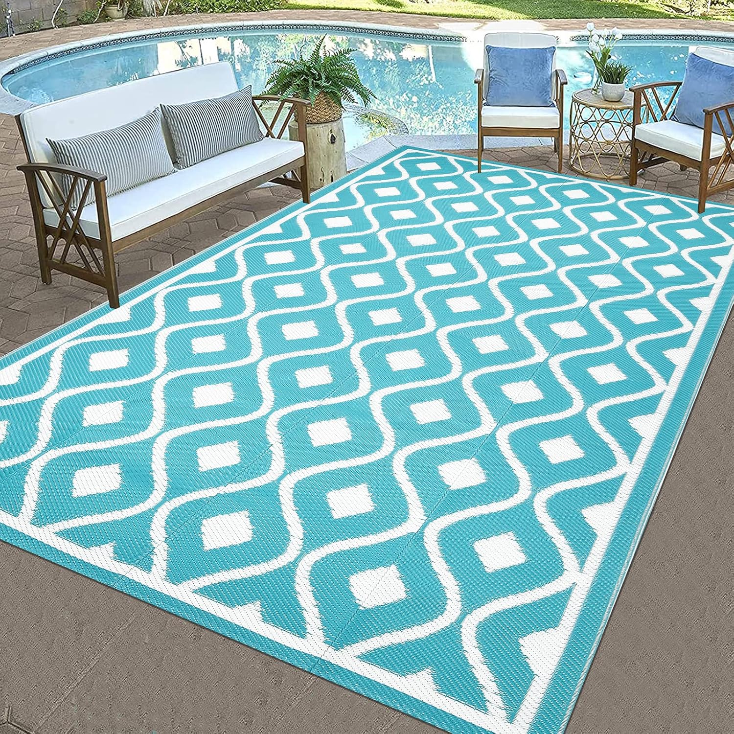 Pauwer Waterproof Outdoor Rug 6x9, Reversible Plastic Straw Patio Camping Rug, Indoor Outdoor RV Mat Carpet for Deck, Camper, Porch, Balcony, Backyard, Picnic, Geometric Teal