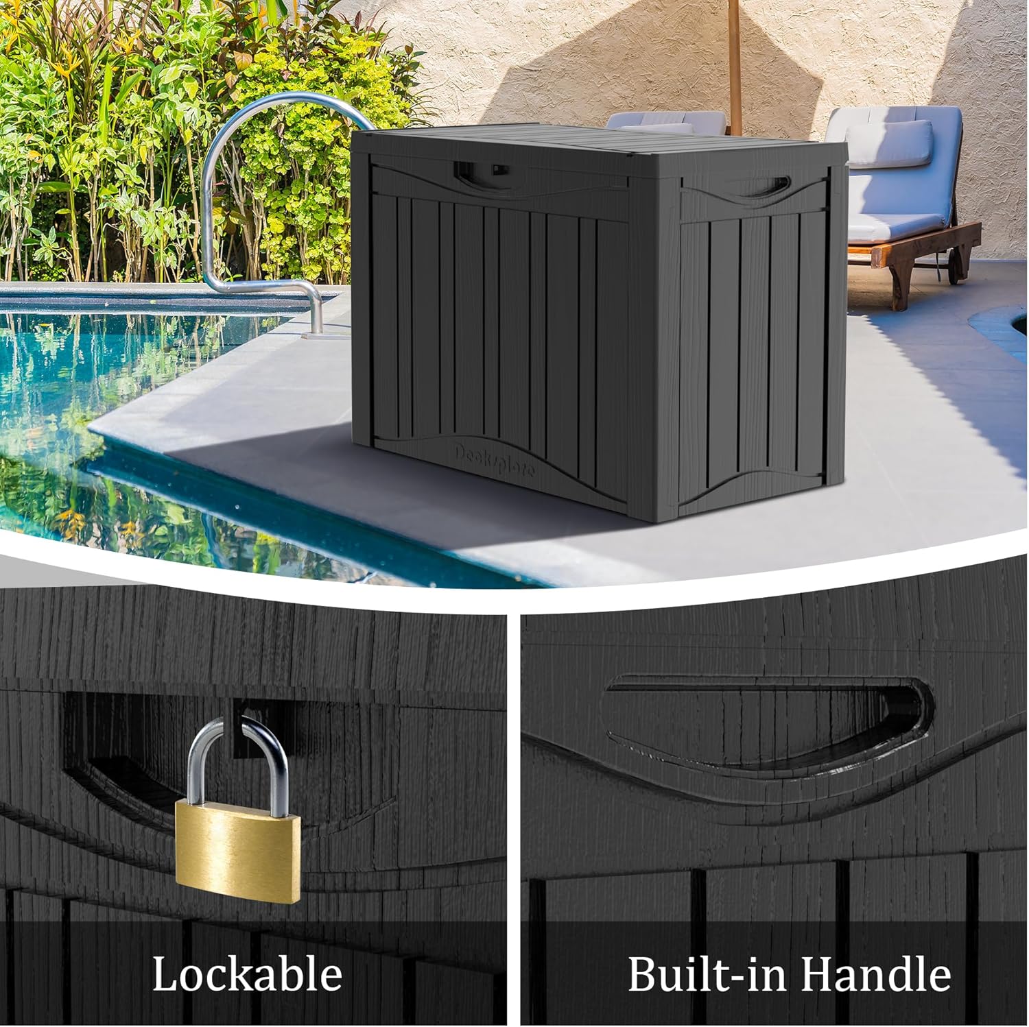 50 Gallon Plus Outdoor Storage Box, Waterproof Resin Deck Box for Patio, Pool, and Garden, Lockable Bin for Cushions, Tools, and Accessories, UV-Resistant, Black