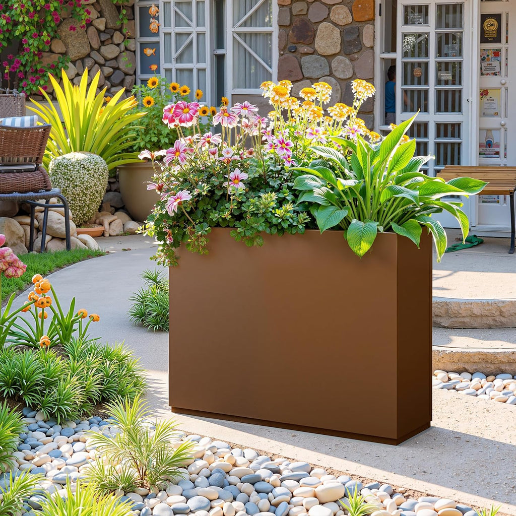 Rectangle Planter for Indoor & Outdoor, Tall and Long Planter Boxes with Drainage Holes, Mental Divider Planter Box All-Weather Use for Plants, Flowers, 35" L x 9" W x 26" H, Brown
