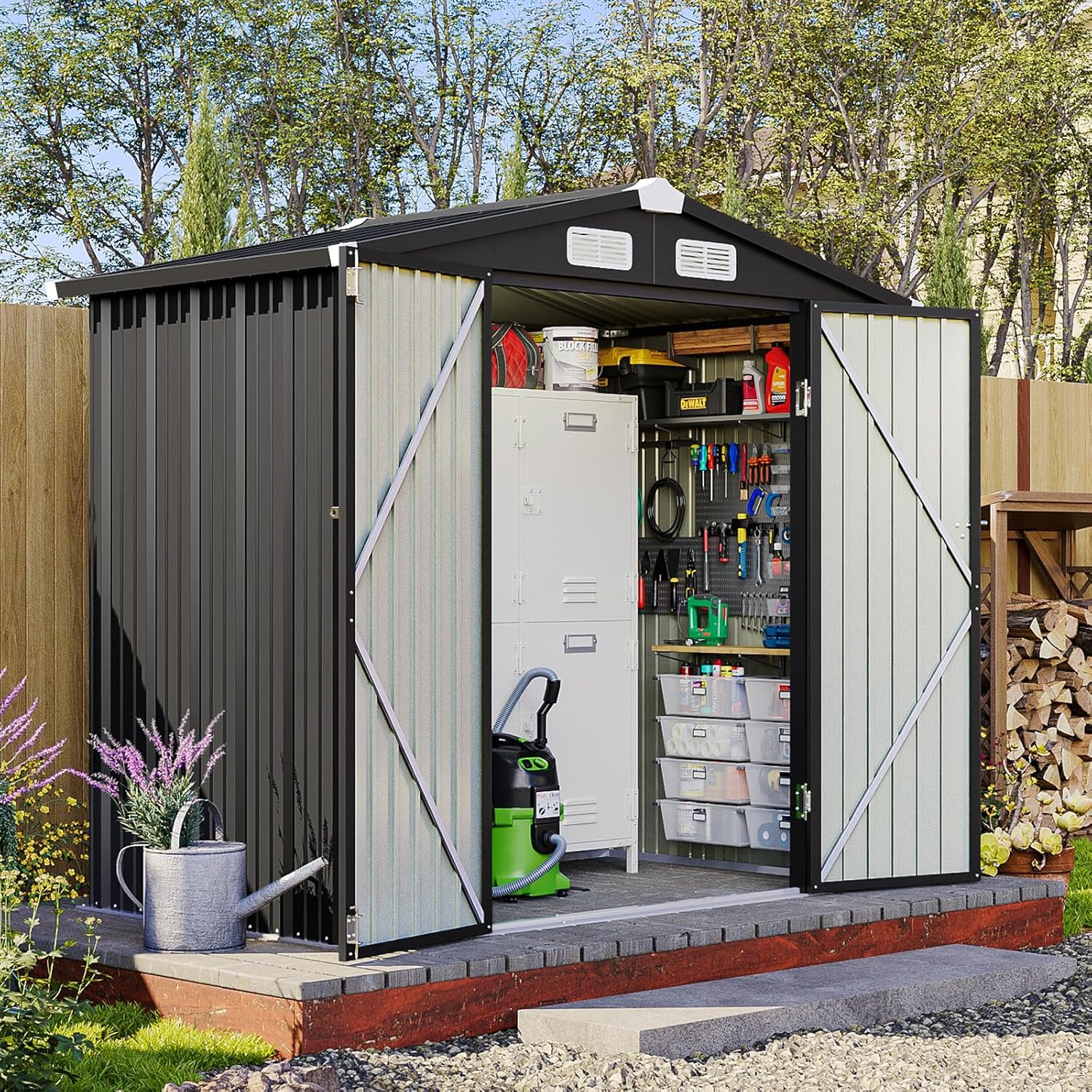 6x4 FT Outdoor Storage Shed, Metal Garden Tool Shed with Sloping Roof & Lockable Door for Patio Lawn Backyard (Black)