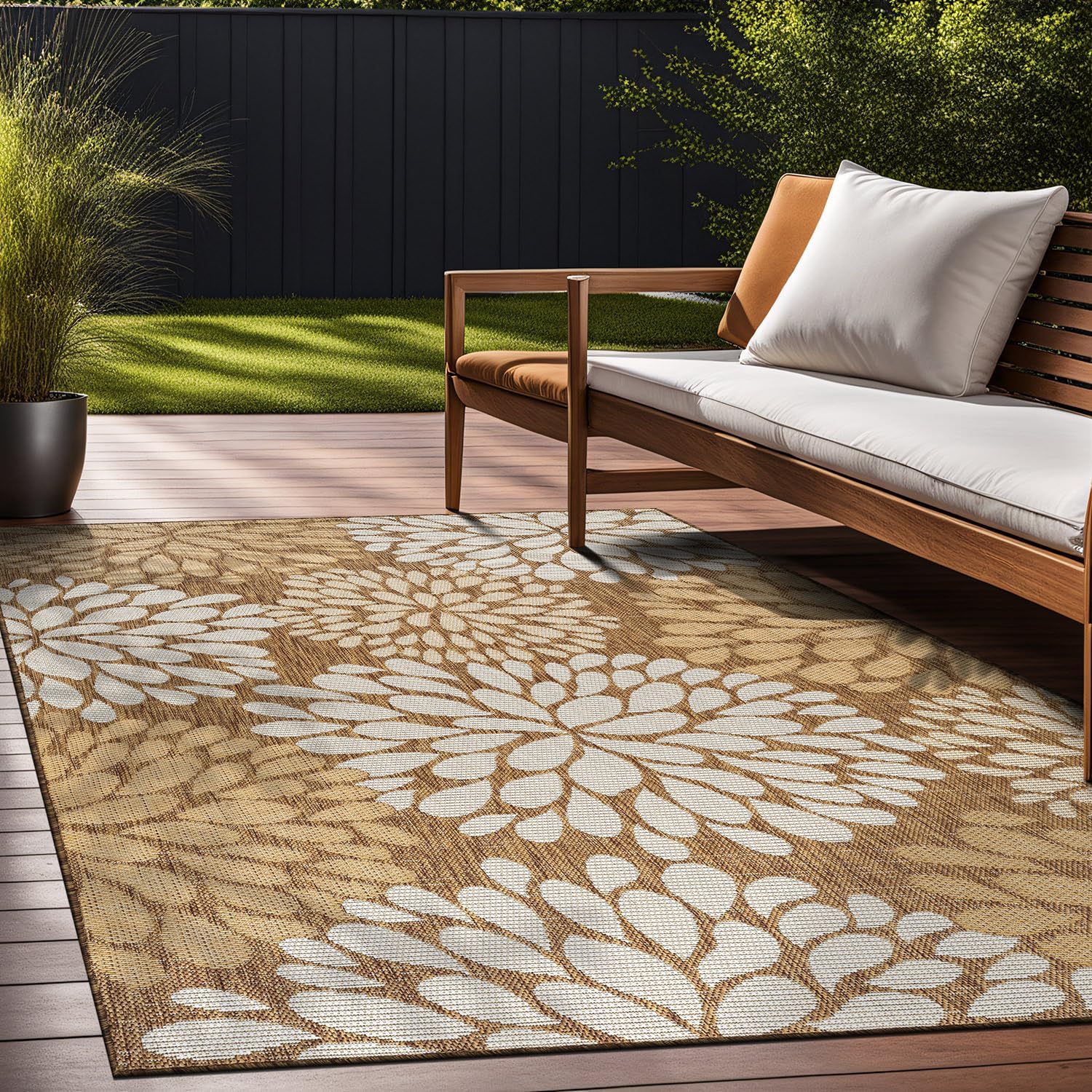 Beverly Rug Outdoor Rug 8x10 Modern Exotic Tropical Leaf Area Rugs for Indoor and Outdoor Patio Deck Porch Garden Water Resistant Washable Outside Carpet (8 x 10 Wooden)