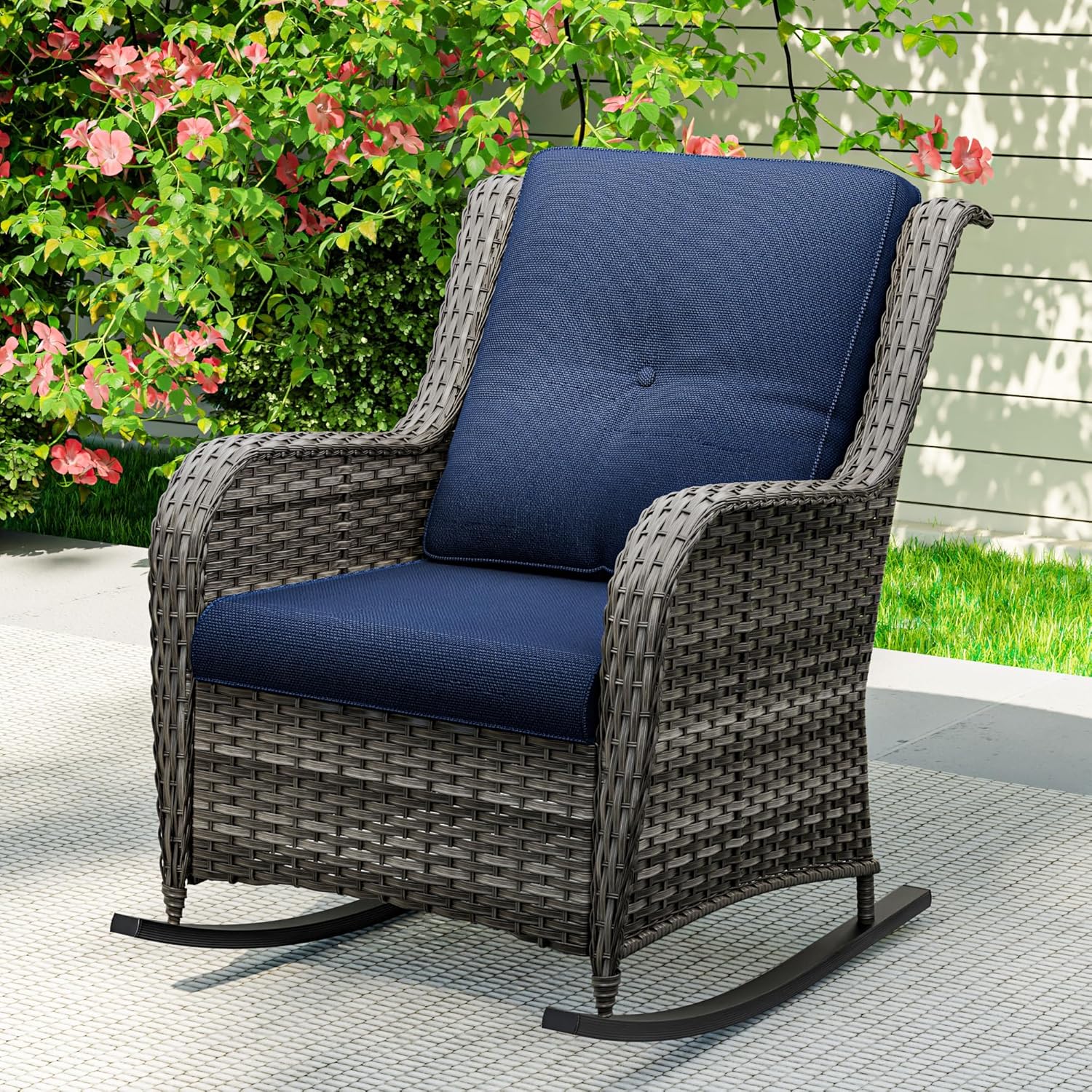 1 PC Outdoor Rocking Chair, Wicker Patio Rocker Chair for Yard, Porch, Mixed Brown Grey Rattan, Blue Cushions