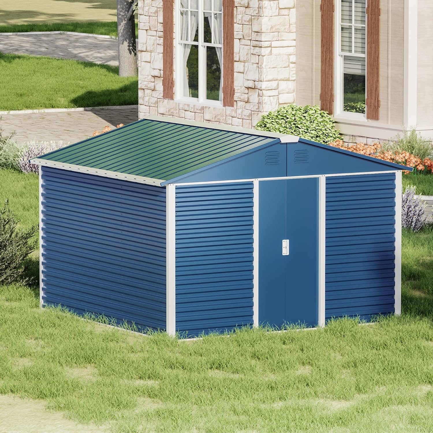 Metal Outdoor Storage Shed 10FT x 10FT, Steel Utility Tool Shed Storage House with Sliding Door, Metal Sheds Outdoor Storage for Backyard Garden Patio Lawn, Blue