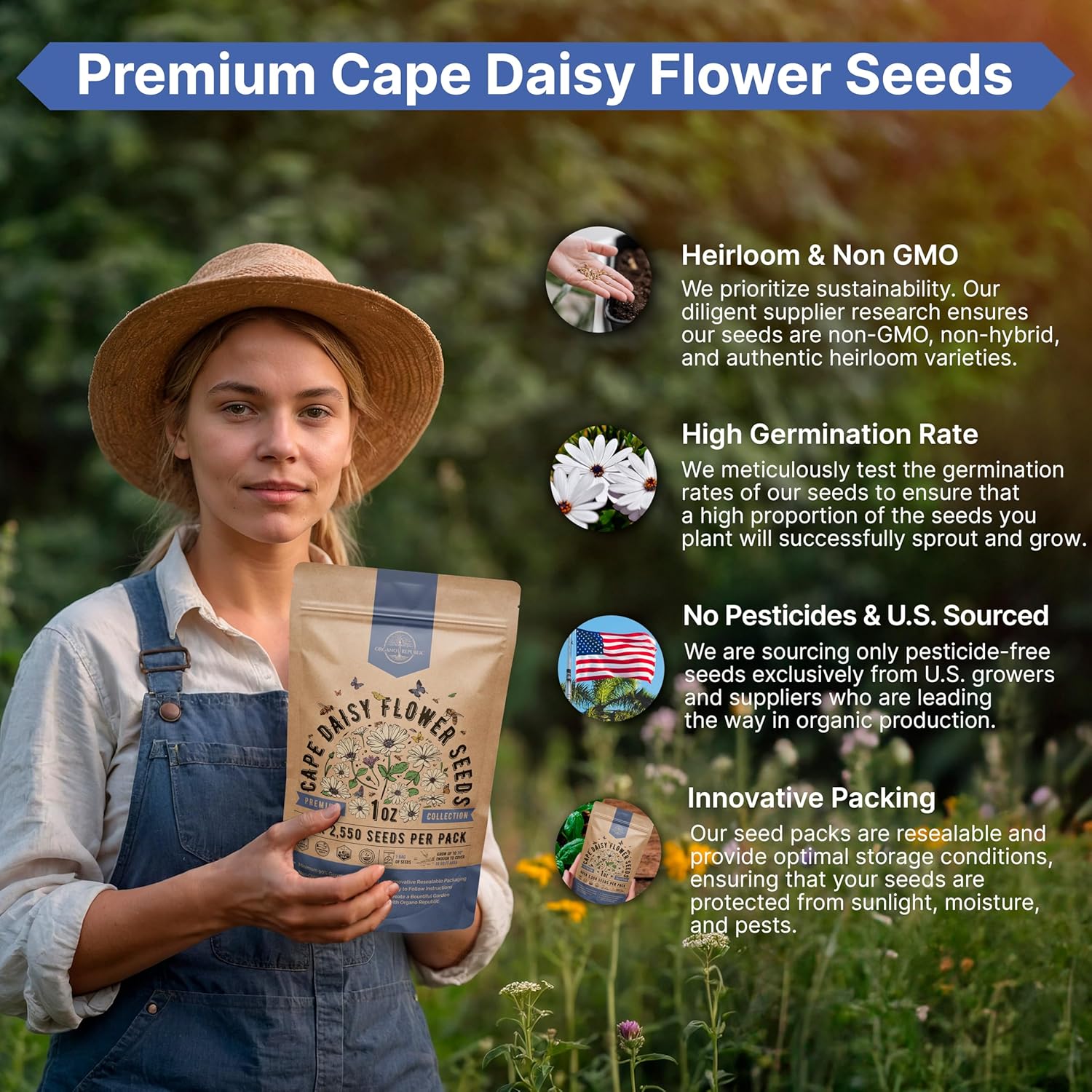 Cape Daisy Flower Seeds Pack 1 oz - Over 2,550 Non-GMO Heirloom Cape Daisy Seeds for Planting, Perennial Flowers in Individual Seed Packet, Seed for Planting Home Garden Indoor & Outdoor Gardening