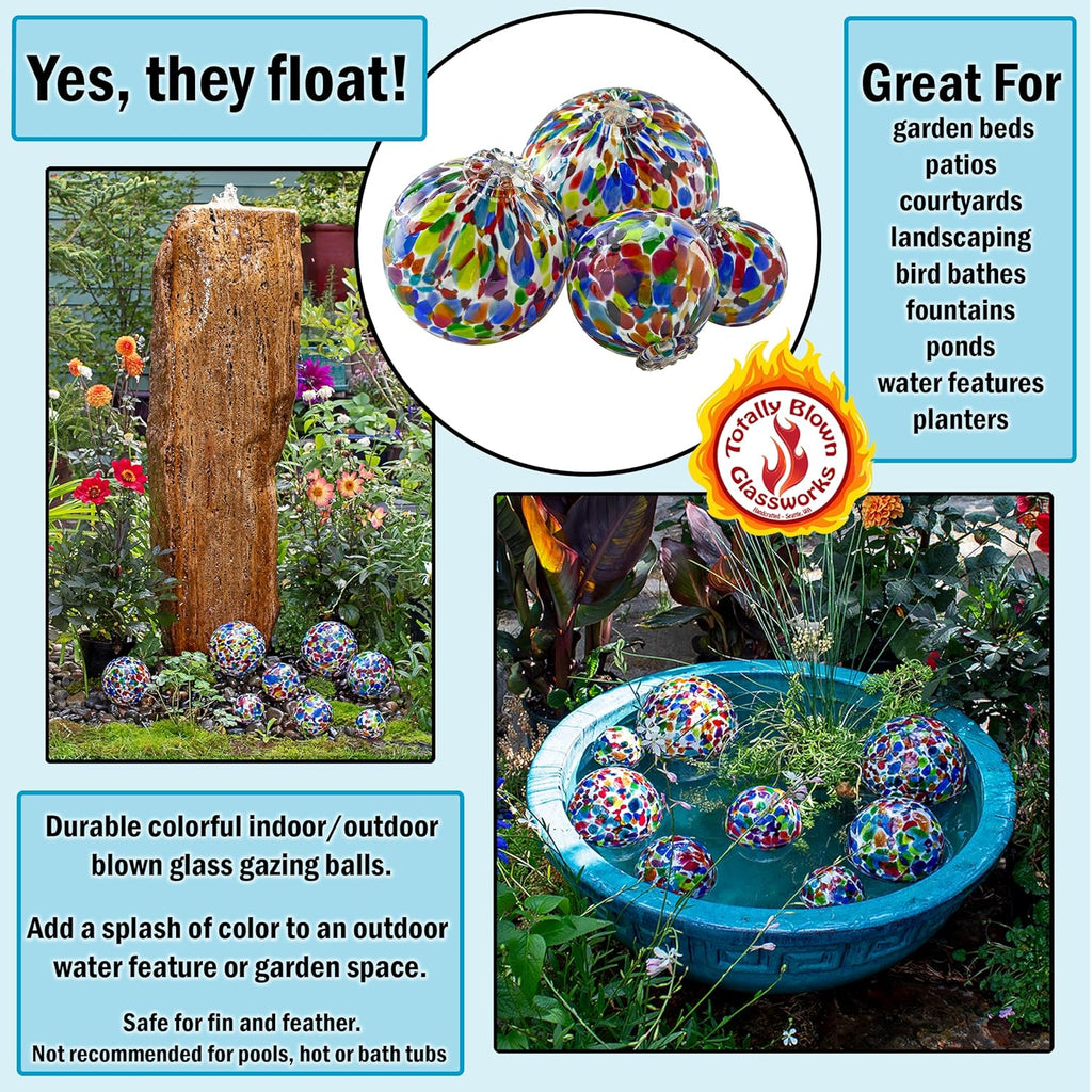 Pond Float. Handmade Blown Glass, Garden Gazing Ball, Table Centerpiece, Assorted sizes available. Home and Patio Decor. Artist Dehanna Jones. Seattle, WA. (White Rainbow MM)