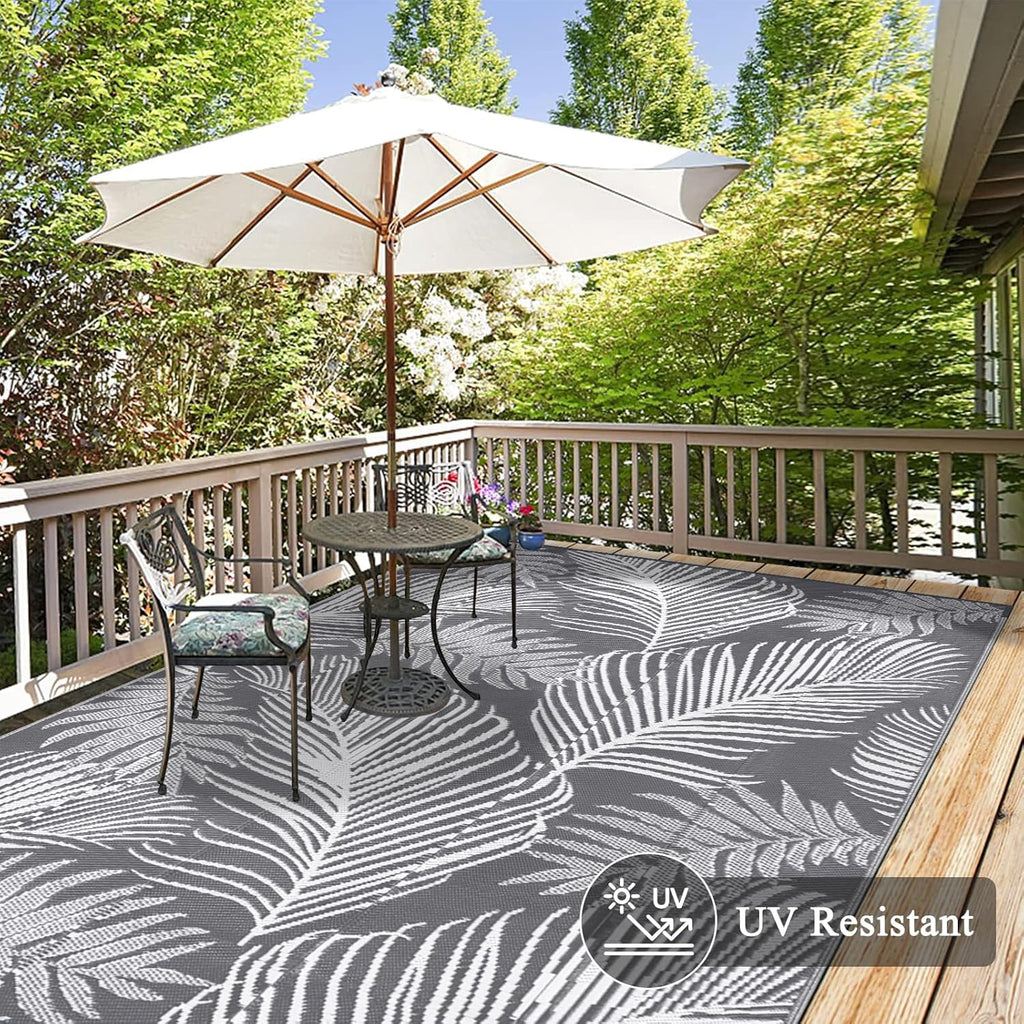 Pauwer Waterproof Outdoor Rug 6x9, Reversible Plastic Straw Patio Camping Rug, Indoor Outdoor RV Mat Carpet for Deck, Camper, Porch, Balcony, Backyard, Picnic, Leaf Grey