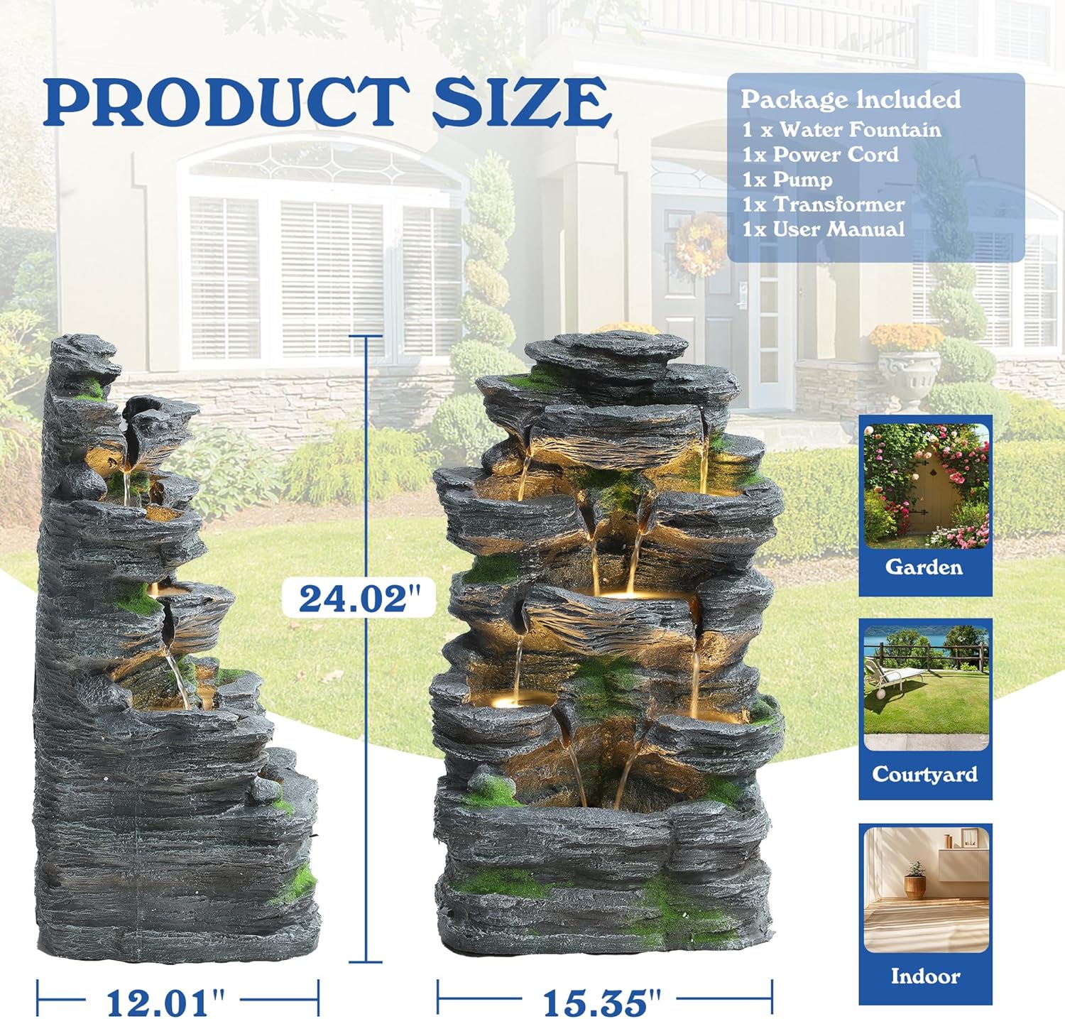 TITIMO 7-Tier Cascading Rock Water Fountain Outdoor Garden Waterfall with Lights,Fountain Indoor Decor for Garden, Patio, Backyard, Deck, Porch and Home Art Decor (24" H)