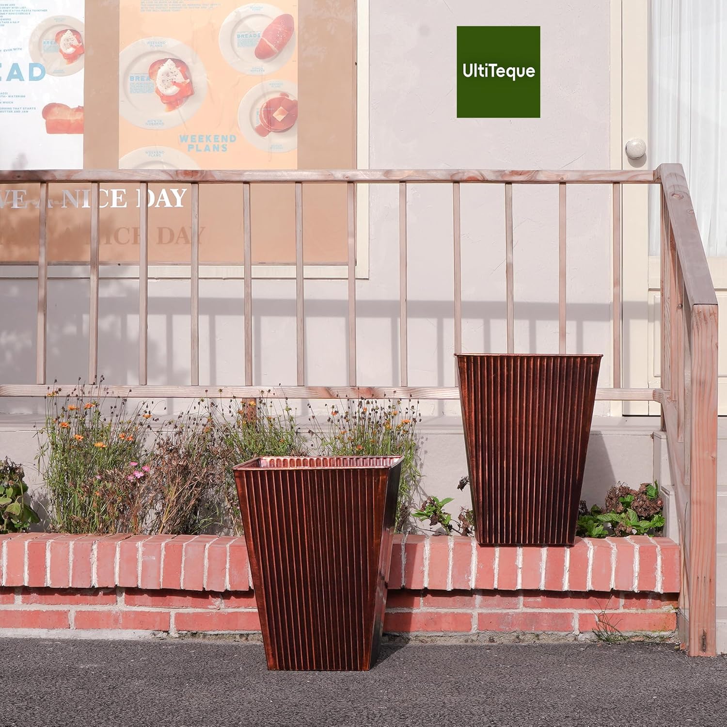 18in Vintage Handmade Metal Vertical Lines Copper Tapered Planters Set of 2, Galvanized Steel Planter Box with Drainage Hole for Indoor/Outdoor/Porch/Garden