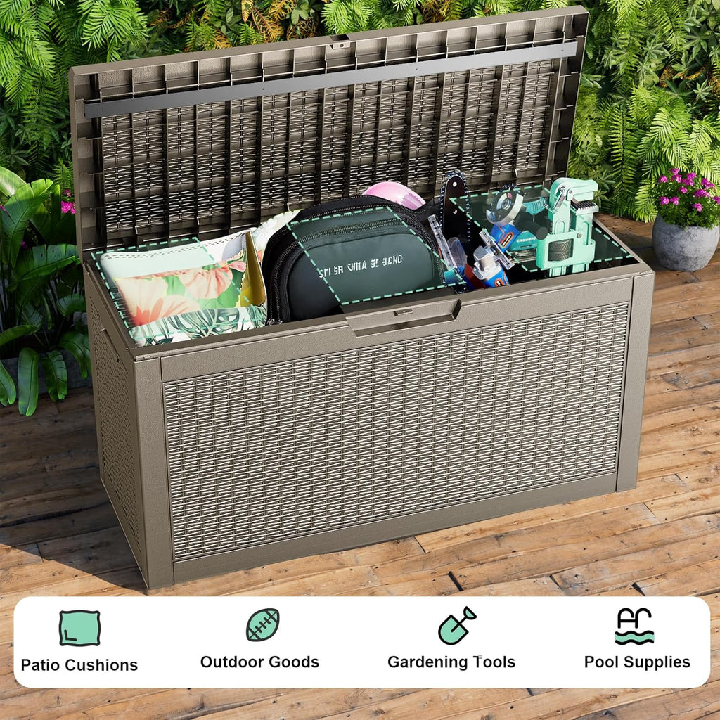 60 Gallon Resin Deck Box, Lockable Outdoor Storage Box for Patio Cushions Storage Furniture,Garden Tools, Pool Supplies, Weatherproof and UV Resistant (Grey Rattan)